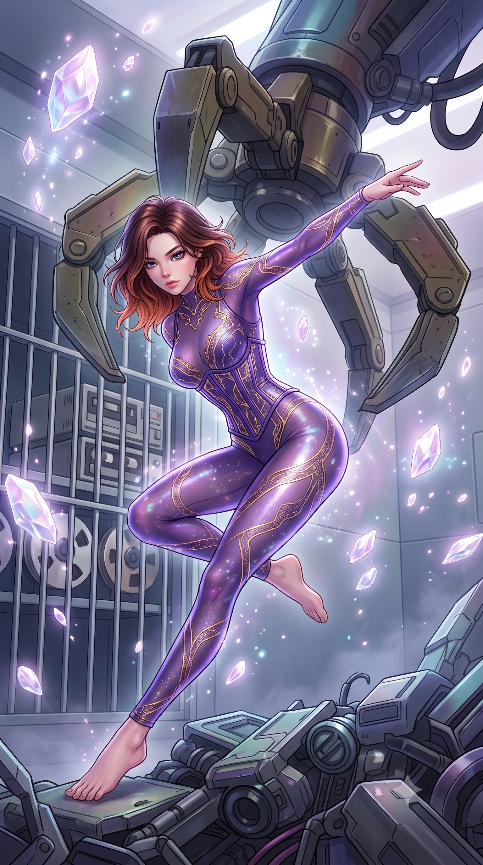 score_9, masterpiece, best quality, ultra-detailed, high-budget anime keyframe, editorial fashion photography, tasteful artistic composition, Korean woman. low angle full-body shot from head to toe showing her feet, filling the entire 9:16 vertical frame with her statuesque presence, stretching her vertical silhouette. acrobatically dodging a heavy mech's swipe by vaulting off a pile of cybernetic debris through a secure vault room containing old physical data tape drives, tape reels spinning slowly behind security bars. She has a statuesque 8.5-heads proportion, an exceptionally tall, slender and willowy model-like build with impossibly long legs and a highly sculpted ultra-slim waist. sharp v-shaped jawline, high-bridge nose, intricate jewel-like eyes with depth, thick eyelashes, glossy lips with a natural sheen. wearing catching and diffusing the glowing particles, shimmering softly in response to the surrounding light, a slim-fit sheer holographic bodysuit in violet, featuring embedded gold-lace circuits and a matching underbust corset. highly saturated vibrant anime colors, intense vivid color palette, soft 3D volumetric shading, volumetric dynamic lighting, ethereal pearlescent light emanating from floating crystalline formations all around. 2k, ultra detail, master piece, 9:16 ratio