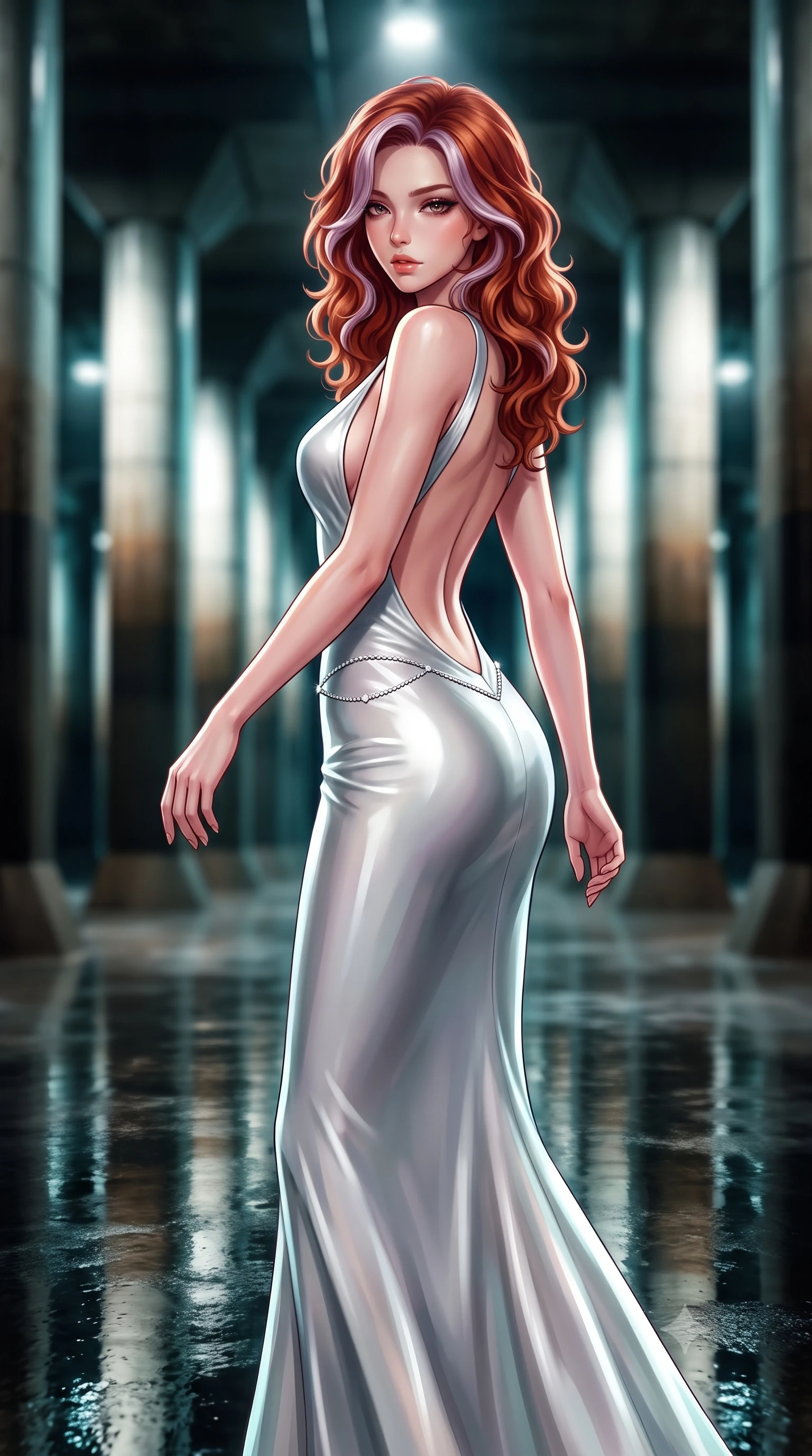 score_9, masterpiece, best quality, ultra-detailed, high-budget anime keyframe, semi-realistic 3D game render, editorial fashion photography, tasteful artistic composition, Caucasian woman. close-up cowboy shot from the waist and thighs up, the character dominates the composition, filling the frame with her large presence. leaning back with relaxed seductive grace, her sculpted collarbones and narrow waist highlighted as she casts smoldering bedroom-eyes directly into the camera while striding across the reflective wet subterranean floor, her aerodynamic liquid-finish gown clinging to her narrow waist and long slender legs. The composition keeps background elements in soft focus with creamy bokeh. endless rows of colossal architectural concrete pillars and industrial floodlights blurred into cool teal, tungsten, and dark obsidian bokeh. She has an exceptionally elegant, slender, and willowy female figure with an ultra-slim waist, flat toned midriff, narrow ribcage, and sculpted feminine hips creating an alluring, slim hourglass silhouette without bulk. sharp v-shaped jawline, high-bridge nose, intricate jewel-like eyes with depth, thick eyelashes, glossy parted lips with a natural sheen, intensely captivating and seductive bedroom-eyes expression, flawlessly proportioned anatomical accuracy, strict slender model proportions, natural body alignment, perfectly sculpted long slender limbs, ultra-slim waistline, clean dynamic posture without body distortion. wearing a liquid-silk jersey evening gown with an ultra-deep plunging open back descending to the base of her spine and a sculpted hip-hugging skirt in shimmering silver mercury and pearl white, tailored from water-resistant treated wool gabardine and flexible stretch silk, accented with a dainty diamond waist chain catching the ambient light reflections, the form-contouring material adhering flawlessly to her sculpted flat midriff and slender torso, emphasizing her long leg lines and perfectly proportioned willowy build. bathed in dramatic architectural floodlights beaming down between giant pillars creating high-contrast chiaroscuro. highly saturated vibrant anime colors, detailed shading with soft gradients, rich glossy textures, high-contrast stereoscopic depth, volumetric dynamic lighting, master piece, 9:16 ratio