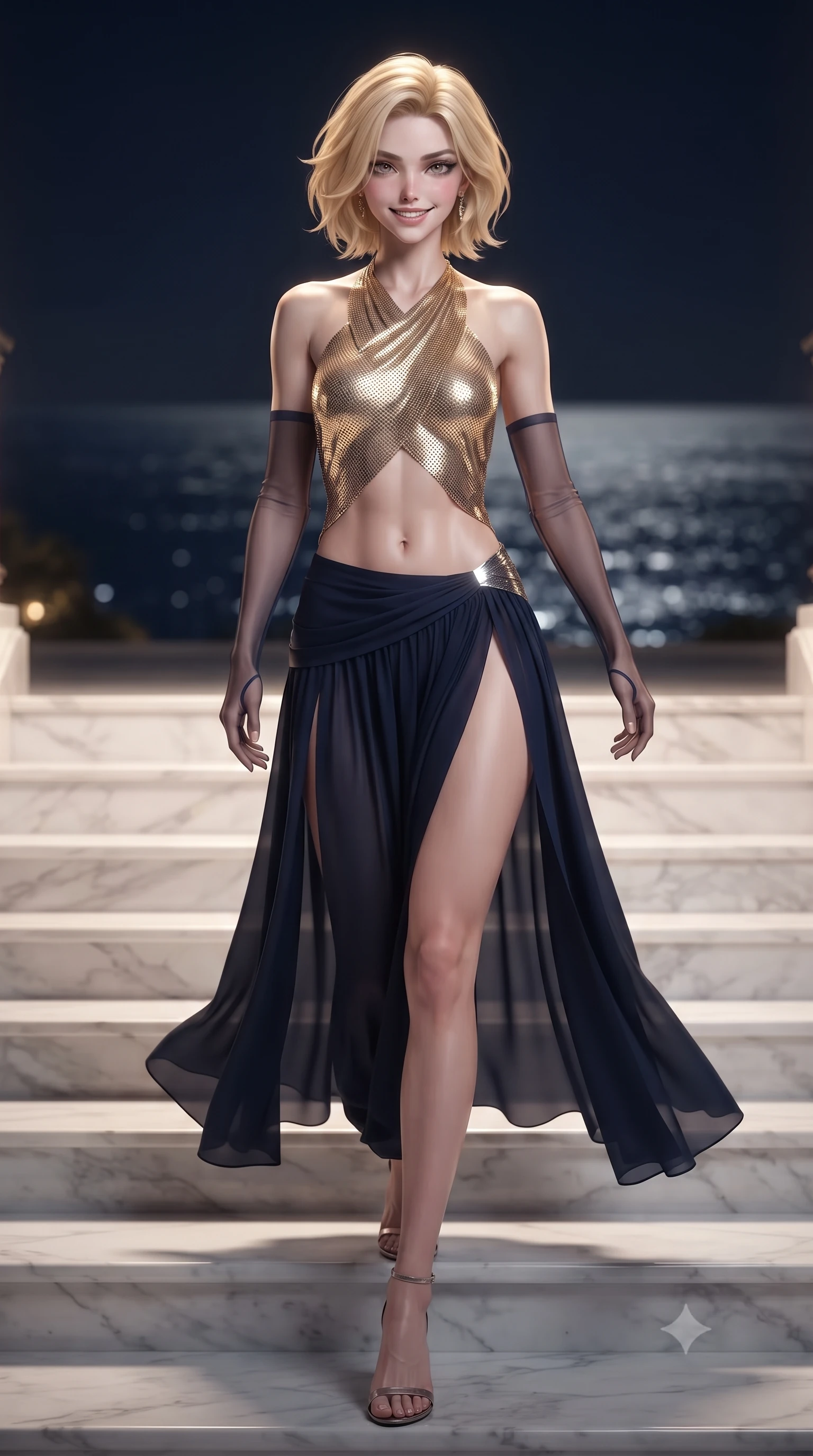 score_9, masterpiece, best quality, ultra-detailed, high-budget anime keyframe, editorial fashion photography, tasteful artistic composition, Caucasian woman. low angle full-body shot from head to toe showing her feet, filling the entire 9:16 vertical frame with her statuesque presence, stretching her vertical silhouette. stepping slowly toward the camera with hypnotic grace, hips swaying in an alluring sensual rhythm that accentuates her curvy hourglass silhouette and long slender legs while walking slowly down the grand marble stairway as the warm Riviera sea breeze molds her gown to her narrow waist and curvy hips, flashing a radiant teasing smile. The background shows a soft-focus glittering Mediterranean sea horizon softened in exclusive Monte Carlo nocturnal glamour shallow focus. She has an exceptionally tall and slender model-like 8.5-heads proportion, an ultra-slim waist, a flat toned midriff, narrow delicate ribcage, and beautifully sculpted feminine hips creating a graceful, slim hourglass silhouette without any bulky heaviness, with impossibly long slender legs. sharp v-shaped jawline, high-bridge nose, intricate jewel-like sparkling eyes with depth, thick eyelashes, glossy parted lips with a natural peach sheen, bright cheerful beaming smile with an enchanting and coquettish sensual glint, exuding both youthful cute charm and seductive allure, flawlessly proportioned anatomical accuracy, strict slender model proportions, natural body alignment, perfectly sculpted long slender limbs, ultra-slim waistline, clean dynamic posture without body distortion. wearing a modern Arabian-inspired metallic lame wrap top with bare midriff and a high-slit chiffon harem pant skirt in deep midnight navy and liquid starlight chrome, made of shimmering fluid gold chainmail mesh reflecting ambient chandelier light, complemented by sheer opera-length evening gloves tracing her slender arms, the precision-cut side openings and low-back scoop framing her graceful spine and the sensual sweep of her slim, toned hips. illuminated by terrace marble reflection bounce and sharp platinum-gold rim lights sculpting her razor-sharp jawline, narrow waist, and curvy hips. ultra-reflective glossy finish, specular highlights, rich textural contrasts, high-contrast stereoscopic depth, volumetric dynamic lighting, 2k, ultra detail, master piece, 9:16 ratio