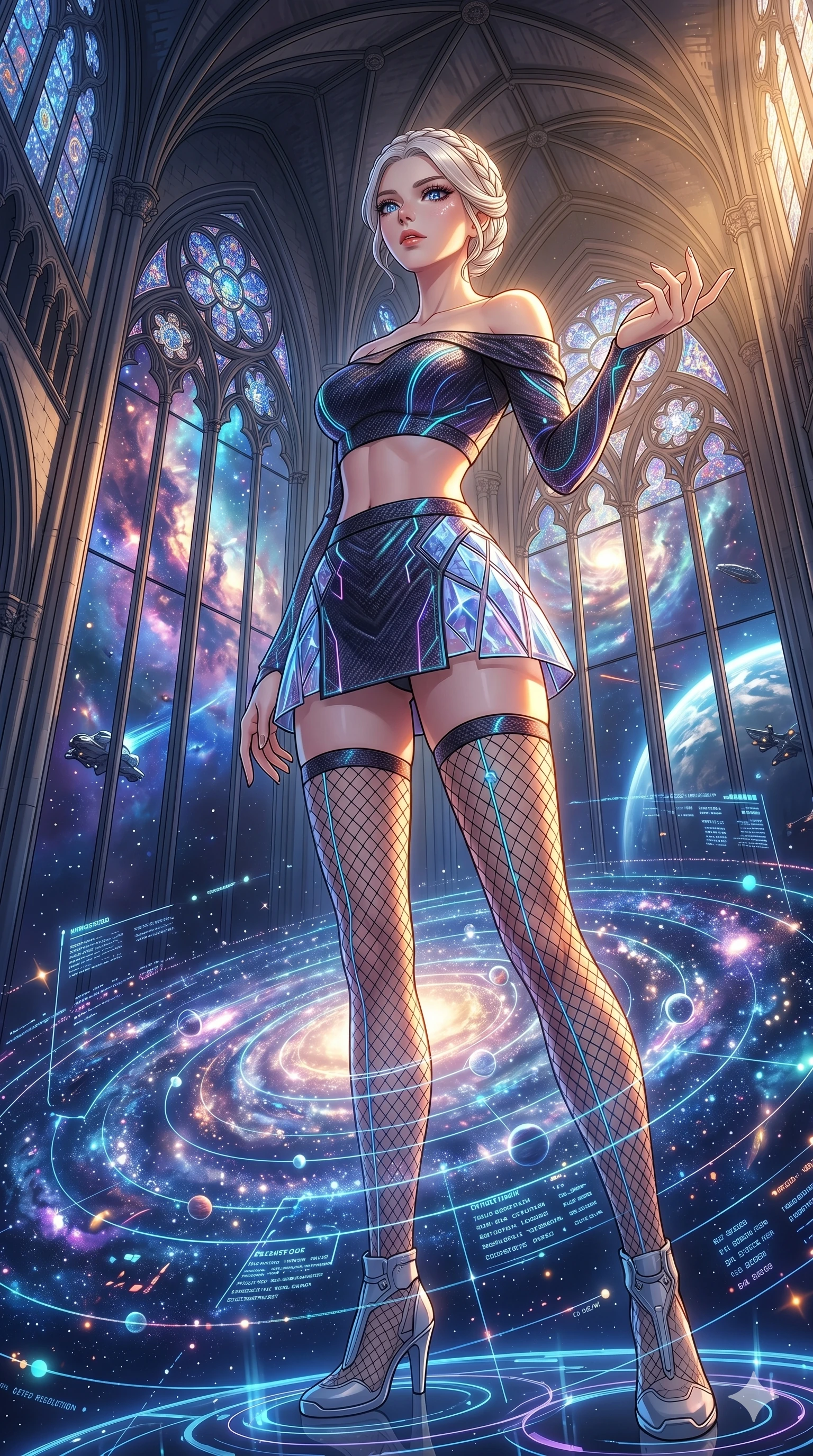 score_9, masterpiece, best quality, ultra-detailed, High-budget Anime Keyframe, vibrant colors, fluid line-art, expressive lighting, cinematic composition, Ufotable-style visual effects, top-tier animation quality, Korean woman with idol-like refined features. Dramatic low angle looking up at her majestic stature, dominating the vertical space of the composition. Scanning a massive 3D holographic map of the entire galaxy, her eyes reflecting the glow of thousands of stars. She has an absolutely perfect 8-heads proportion, an exceptionally tall and slender female figure with impossibly long slender legs and an ultra-slim waist, her statuesque height and towering silhouette dominating the vertical 9:16 frame. Her face is a masterpiece featuring a sharp v-shaped jawline, high-bridge nose, intricate jewel-like eyes with depth, thick eyelashes, and glossy lips with a natural sheen. She is wearing a Off-shoulder crop top paired with micro-skirts and thigh-high fishnet stockings crafted from Carbon-fiber weave with a high-tech matte finish and integrated glowing filaments, featuring a crystalline structure that catches the light and reveals her slender frame. The scene is set in a majestic gothic cathedral in deep space with massive windows overlooking a swirling nebula, illuminated by golden hour sunlight that gives her skin a warm, radiant glow. 2k, ultra detail, master piece, 9:16 ratio