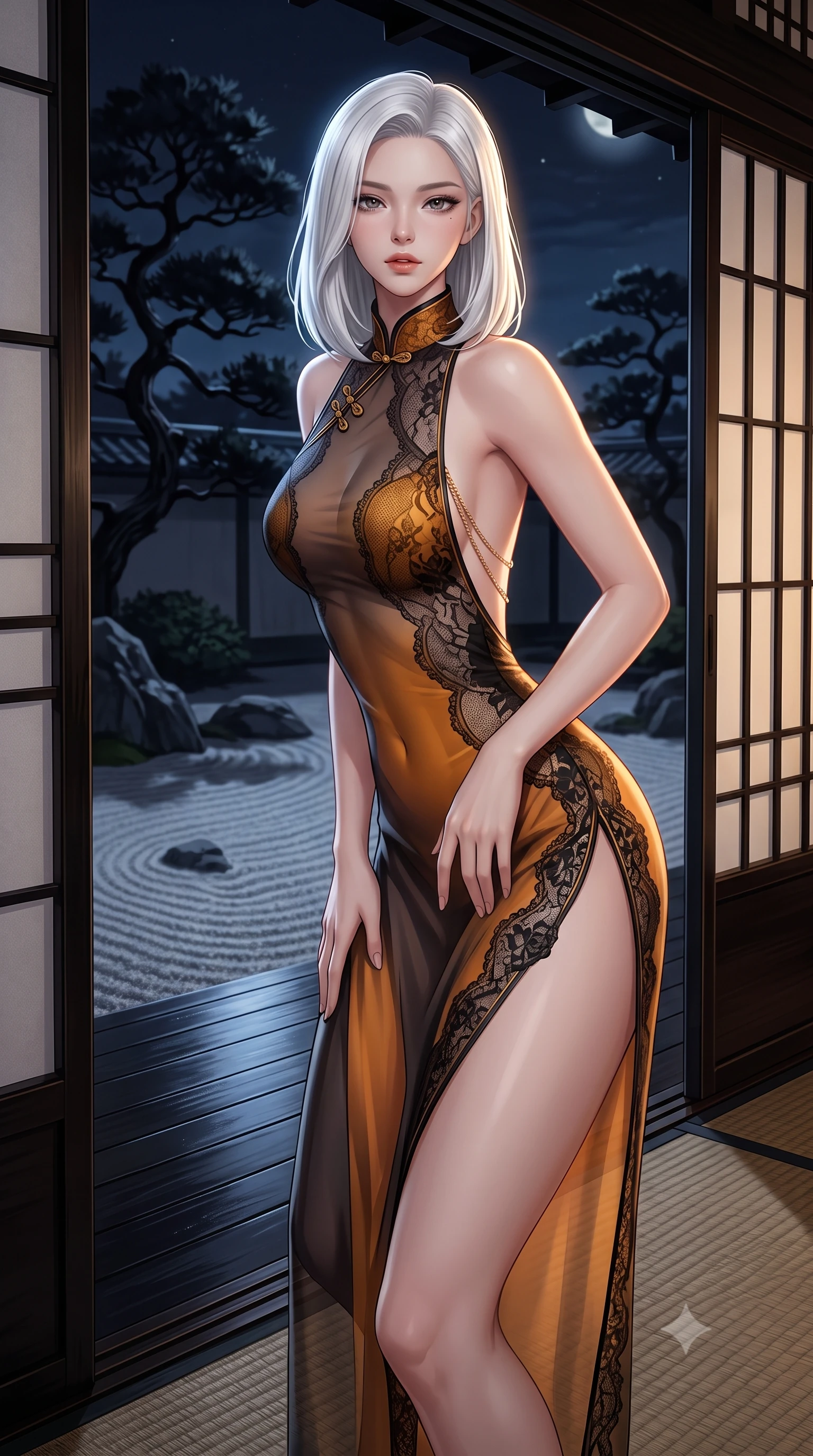 score_9, masterpiece, best quality, ultra-detailed, high-budget anime keyframe, semi-realistic 3D game render, editorial fashion photography, tasteful artistic composition, Korean woman. close-up cowboy shot from the waist and thighs up, the character dominates the composition, filling the frame with her large presence. leaning forward while arching her lower back to accentuate her curvy hips, looking into the camera with an intoxicating smoldering gaze and bedroom-eyes while standing poised beside the floor-to-ceiling opened shoji screens overlooking the dry rock garden, arching her spine with geisha-inspired supermodel poise as moonlight silhouettes twisted black pines. The surrounding environment is rendered in vivid detail and crisp panoramic clarity: sharp woven igusa tatami straw texture, black urushi lacquer finish on veranda wood, and fine timber latticework in deep focus. She has an exceptionally elegant, slender, and willowy female figure with an ultra-slim waist, flat toned midriff, narrow ribcage, and sculpted feminine hips creating an alluring, slim hourglass silhouette without bulk. sharp v-shaped jawline, high-bridge nose, intricate jewel-like sparkling eyes with depth, thick eyelashes, glossy parted lips with a natural peach sheen, bright cheerful beaming smile with an enchanting and coquettish sensual glint, exuding both youthful cute charm and seductive allure, flawlessly proportioned anatomical accuracy, strict slender model proportions, natural body alignment, perfectly sculpted long slender limbs, ultra-slim waistline, clean dynamic posture without body distortion. wearing a provocative sheer silk organza modern qipao dress with dramatic hip-high side slits and translucent mesh frog-button bodice in Hakone steaming sulfur amber and volcanic basalt black, made of delicate semi-sheer French Chantilly lace with intricate eyelash edges, accented with an open-back drape framed by falling strands of delicate gold chains, the second-skin tailored fabric adhering flawlessly to her sculpted flat midriff and slender torso, emphasizing her long leg lines and perfectly proportioned willowy build. illuminated by black lacquer reflection fill and sharp champagne-gold rim lights defining her dewy collarbones, ultra-slim waist, and curvy hips. highly saturated vibrant anime colors, detailed shading with soft gradients, rich glossy textures, high-contrast stereoscopic depth, volumetric dynamic lighting, master piece, 9:16 ratio
