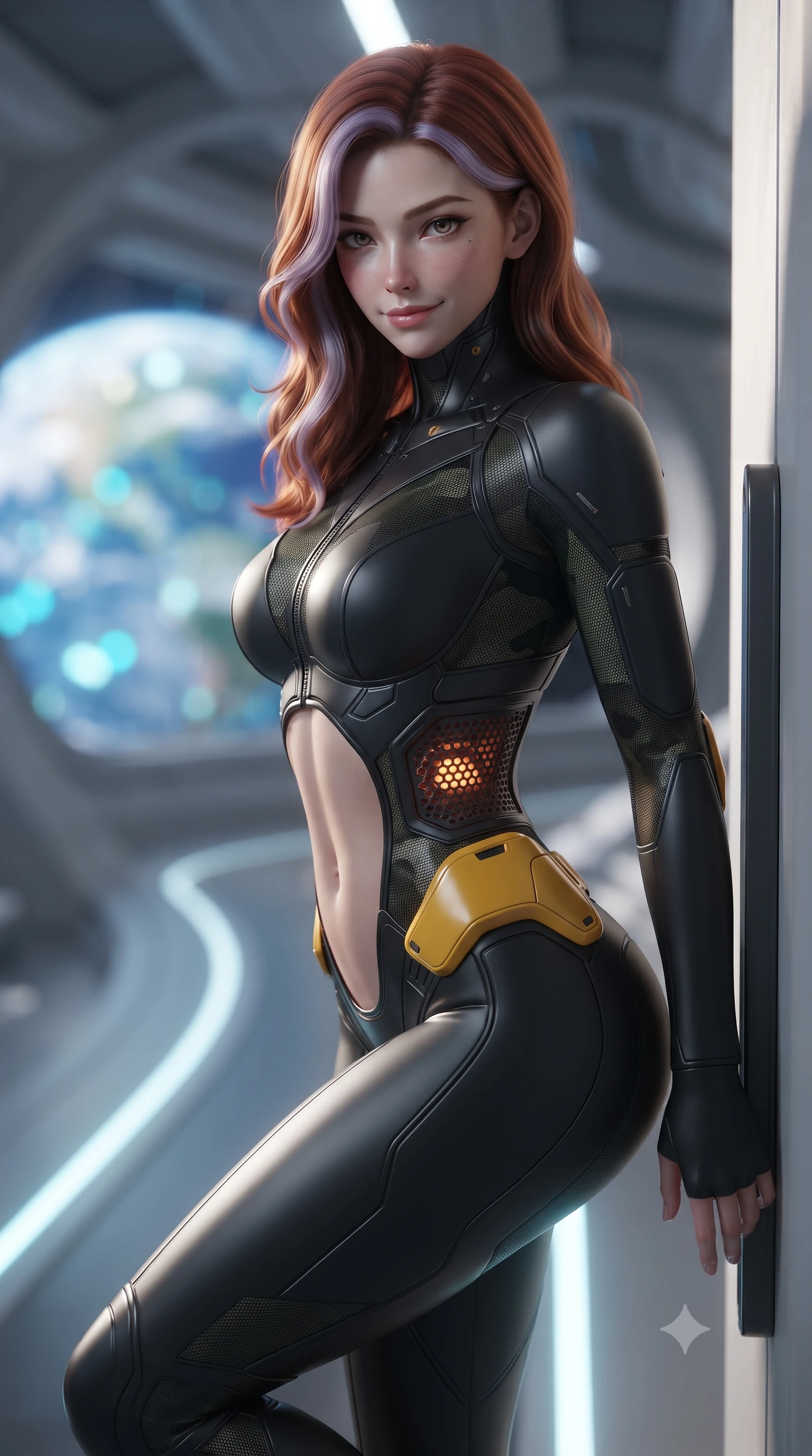 score_9, masterpiece, best quality, ultra-detailed, high-budget anime keyframe, editorial fashion photography, tasteful artistic composition, Caucasian woman. close-up cowboy shot from the waist and thighs up, the character dominates the composition, filling the frame with her large presence. turning slowly with a smoldering smile, her sleek hair catching the cockpit HUD rim light as her hips angle gracefully in a captivating contrapposto while resting lightly against a magnetic wall grip with legs extended, displaying her toned midriff and long slender limbs with effortless charisma. The background shows a soft-focus curving centrifugal training tracks and panoramic outer windows revealing the blue Earth blurred into azure, cloud white, and neon cyan bokeh. She has an exceptionally elegant, slender, and willowy female figure with an ultra-slim waist, flat toned midriff, narrow ribcage, and sculpted feminine hips creating an alluring, slim hourglass silhouette without bulk. sharp v-shaped jawline, high-bridge nose, intricate jewel-like sparkling eyes with depth, thick eyelashes, glossy parted lips with a natural sheen, bright confident smile with an enchanting and coquettish sensual glint, exuding both youthful magnetic charm and sovereign high-tech allure, flawlessly proportioned anatomical accuracy, strict slender model proportions, natural body alignment, perfectly sculpted long slender limbs, ultra-slim waistline, clean dynamic posture without body distortion. wearing a second-skin cybernetic stealth suit with active-camo optical mesh and sculpted carbon hip guards in industrial hazard yellow and matte carbon black, made of supple second-skin compression stretch jersey clinging flawlessly to her form, accented with subtle hexagonal heat-sink vents glowing with dim orange thermal heat, the high-waisted tailoring accentuating her ultra-slim waistline and the enchanting curve of her feminine hips with alluring dark charm. illuminated by floor LED guides and sharp platinum rim lights defining her razor-sharp jawline, narrow waist, and curvy hips. ultra-reflective glossy finish, specular highlights, rich textural contrasts, high-contrast stereoscopic depth, volumetric dynamic lighting, 2k, ultra detail, master piece, 9:16 ratio