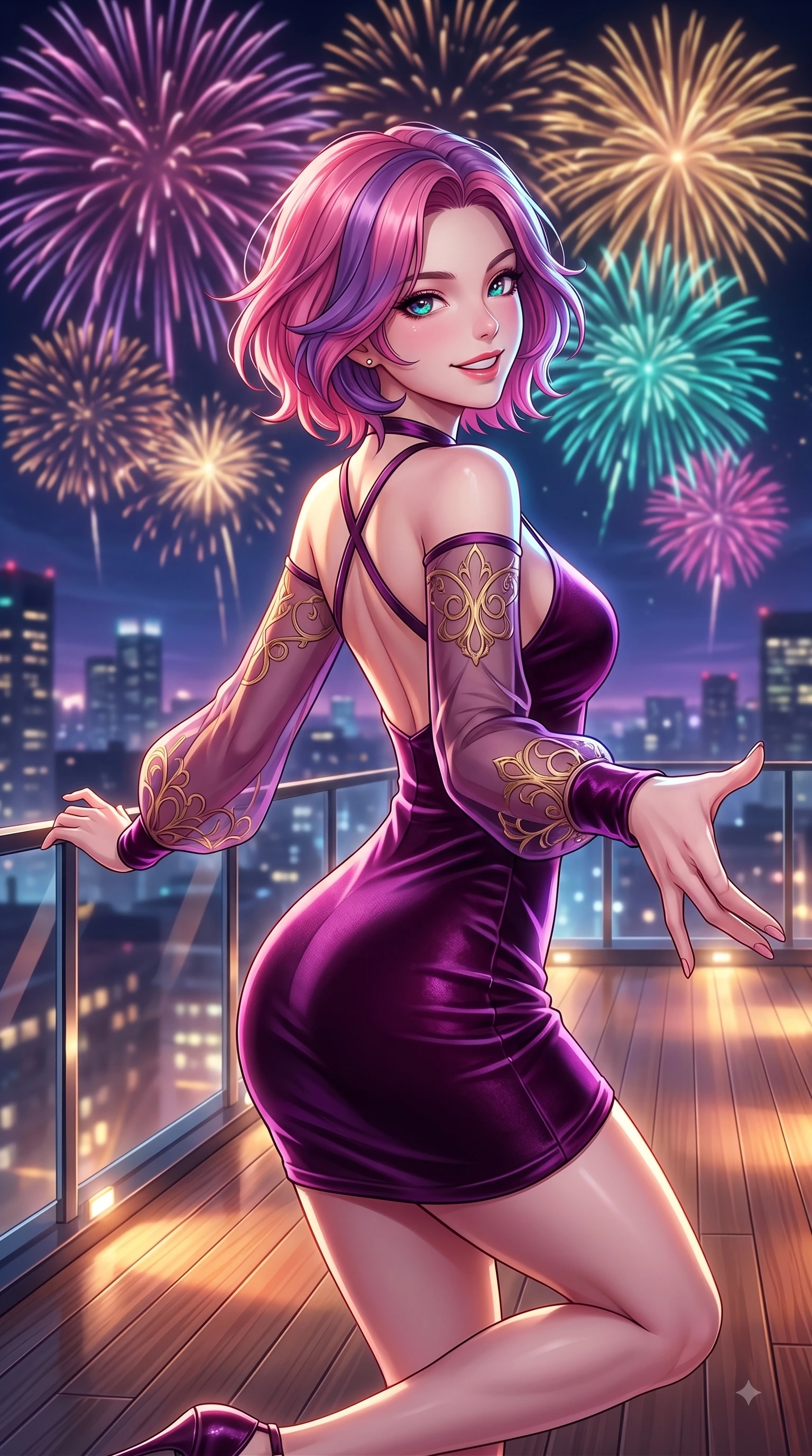 score_9, masterpiece, best quality, ultra-detailed, high-budget anime keyframe, editorial fashion photography, tasteful artistic composition, Caucasian woman. close-up cowboy shot from the waist and thighs up, the character dominates the composition, filling the frame with her large presence, background elements kept in soft focus. Enchanting happy smile, her eyes twinkling like jewels in the bright sunlight as one arm reaches out playfully while leaping joyfully on a high-rise penthouse rooftop deck under a sky of festive fireworks, sleek glass and wood terrace textures reflecting warm party light beams. She has an exceptionally elegant, slender, and willowy female figure with an ultra-slim waist, a gracefully sculpted slender torso, and a refined silhouette. sharp v-shaped jawline, high-bridge nose, intricate jewel-like eyes with depth, thick eyelashes, glossy lips with a natural sheen, flawlessly proportioned anatomical accuracy, natural body alignment, perfectly sculpted elegant limbs, clean dynamic posture without body distortion. wearing a sleek bodycon knit dress with strategic sheer organza sleeve panels in plum purple and gold filigree, made of premium stretch velvet with a rich sheen, complemented by criss-cross back straps highlighting her bare shoulders, the elegant draped fit framing her graceful clavicle and slender torso. illuminated by cheerful city skyline backlighting and vibrant rim lights. highly saturated vibrant anime colors, detailed shading with soft gradients, rich glossy textures, high-contrast stereoscopic depth, volumetric dynamic lighting, master piece, 9:16 ratio