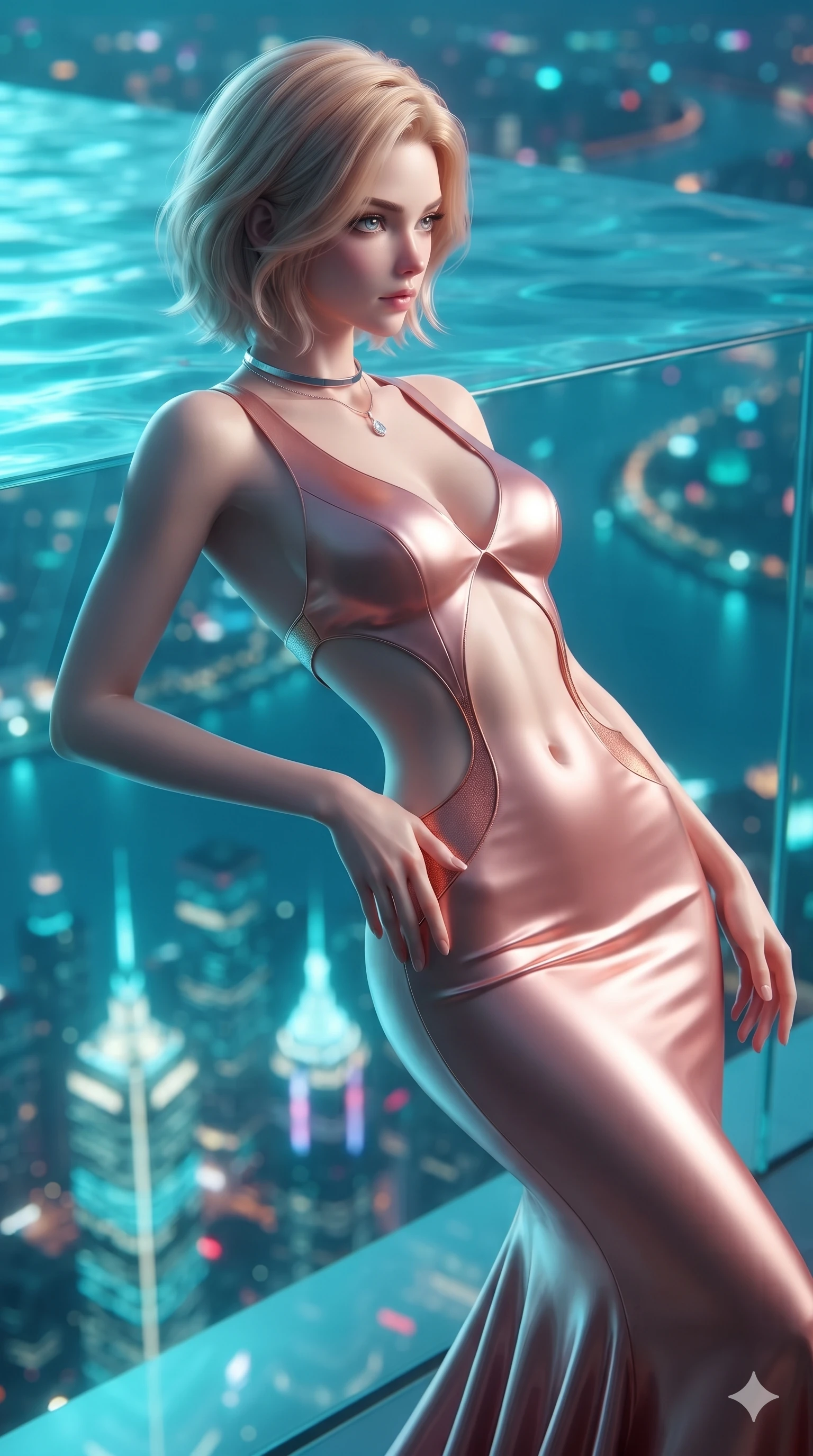 score_9, masterpiece, best quality, ultra-detailed, high-budget anime keyframe, editorial fashion photography, tasteful artistic composition, Caucasian woman. close-up cowboy shot from the waist and thighs up, the character dominates the composition, filling the frame with her large presence. arching her spine backward with effortless dancer poise, one hand sliding along her hip line as directional light carves specular highlights along her silhouette while leaning against the structural acrylic pool wall with hips cocked back, gazing through the clear water at the glittering city below with intoxicating bedroom-eyes. The background shows a soft-focus glowing turquoise water ripples over transparent acrylic, soaring neon skyscraper spires below, and distant river bends blurred into turquoise, sapphire, and amber bokeh. She has an exceptionally elegant, slender, and willowy female figure with an ultra-slim waist, flat toned midriff, narrow ribcage, and sculpted feminine hips creating an alluring, slim hourglass silhouette without bulk. sharp v-shaped jawline, high-bridge nose, intricate jewel-like sparkling eyes with depth, thick eyelashes, glossy parted lips with a natural sheen, intensely captivating and seductive bedroom-eyes expression, exuding both youthful cute charm and sovereign luxury allure, flawlessly proportioned anatomical accuracy, strict slender model proportions, natural body alignment, perfectly sculpted long slender limbs, ultra-slim waistline, clean dynamic posture without body distortion. wearing a sculptured liquid-satin mermaid gown with an architectural open-waist cutout and bare spine in rose-quartz blush and burnished copper, tailored from smooth liquid silk satin that clings smoothly to her narrow waist and rounded hips with a dewy sheen, finished with a minimalist chrome choker and a single teardrop diamond pendant, the form-contouring cut accentuating her sculpted flat midriff, narrow delicate ribcage, and gracefully curvy hips with intoxicating allure. illuminated by glass floor bounce and sharp turquoise-platinum rim lights defining her razor-sharp jawline, narrow waist, and curvy hips. ultra-reflective glossy finish, specular highlights, rich textural contrasts, high-contrast stereoscopic depth, volumetric dynamic lighting, 2k, ultra detail, master piece, 9:16 ratio
