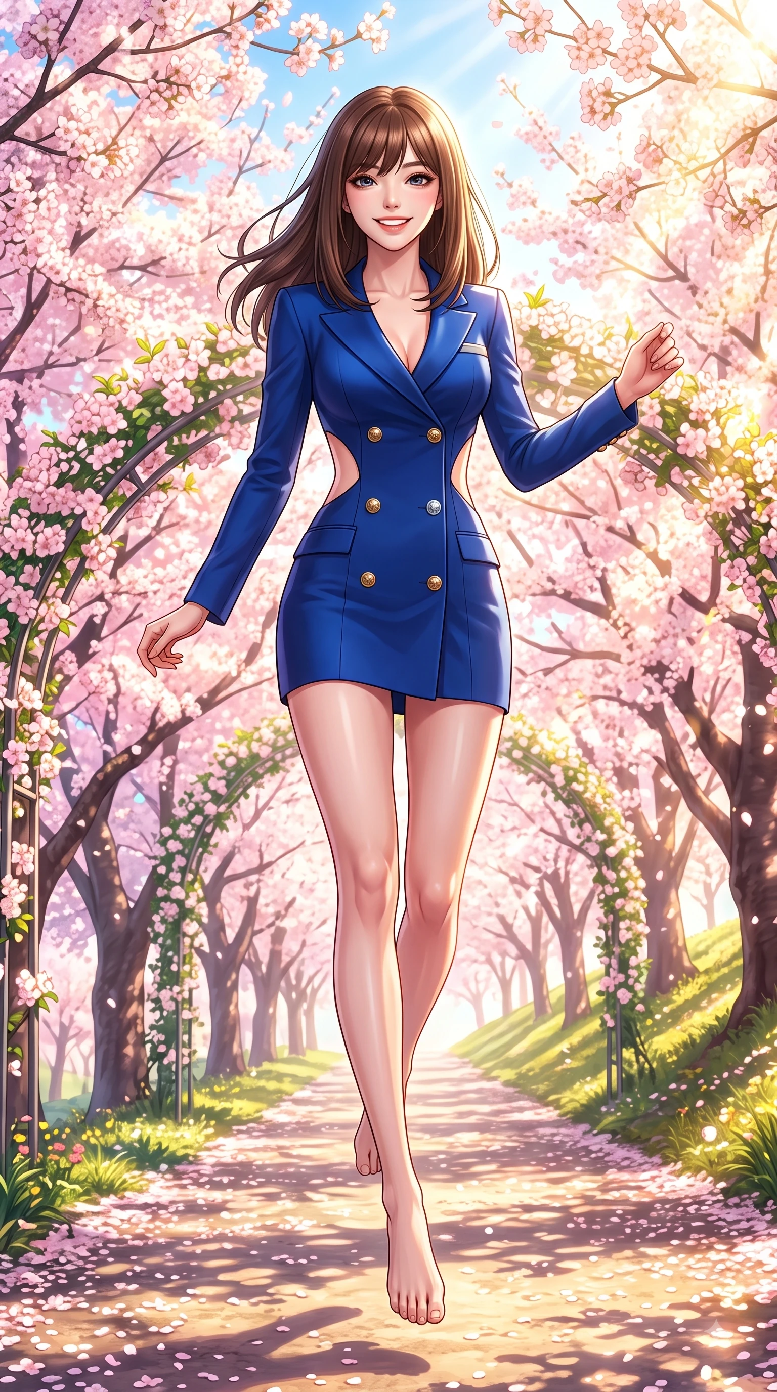 score_9, masterpiece, best quality, ultra-detailed, high-budget anime keyframe, editorial fashion photography, tasteful artistic composition, Korean woman. low angle full-body shot from head to toe showing her feet, filling the entire 9:16 vertical frame with her statuesque presence, stretching her vertical silhouette. leaping with pure youthful energy through the scene with a radiant bright smile, her long slender legs balanced gracefully while walking up a sunlit hill path lined with blooming cherry trees in full spring bloom. The surrounding environment is rendered in vivid detail and crisp panoramic clarity. vibrant spring sunlight scattering through blooming flower arches with high clarity. She has an absolutely perfect, statuesque 8.5-heads proportion, an exceptionally tall and slender model-like female figure with impossibly long slender legs and an ultra-slim waist. sharp v-shaped jawline, high-bridge nose, intricate jewel-like eyes with depth, thick eyelashes, glossy lips with a natural sheen, flawlessly proportioned anatomical accuracy, natural body alignment, perfectly sculpted elegant limbs, clean dynamic posture without body distortion. wearing a sleek double-breasted blazer dress with gold button accents in deep royal blue and polished silver accent, made of premium stretch jersey that follows her curves like a glove, complemented by clean architectural cutouts along her slender torso, the glove-like fit emphasizing her statuesque silhouette during motion. bathed in bright morning sunbeams and warm golden sakura backlighting. highly saturated vibrant anime colors, detailed shading with soft gradients, rich glossy textures, high-contrast stereoscopic depth, volumetric dynamic lighting, master piece, 9:16 ratio