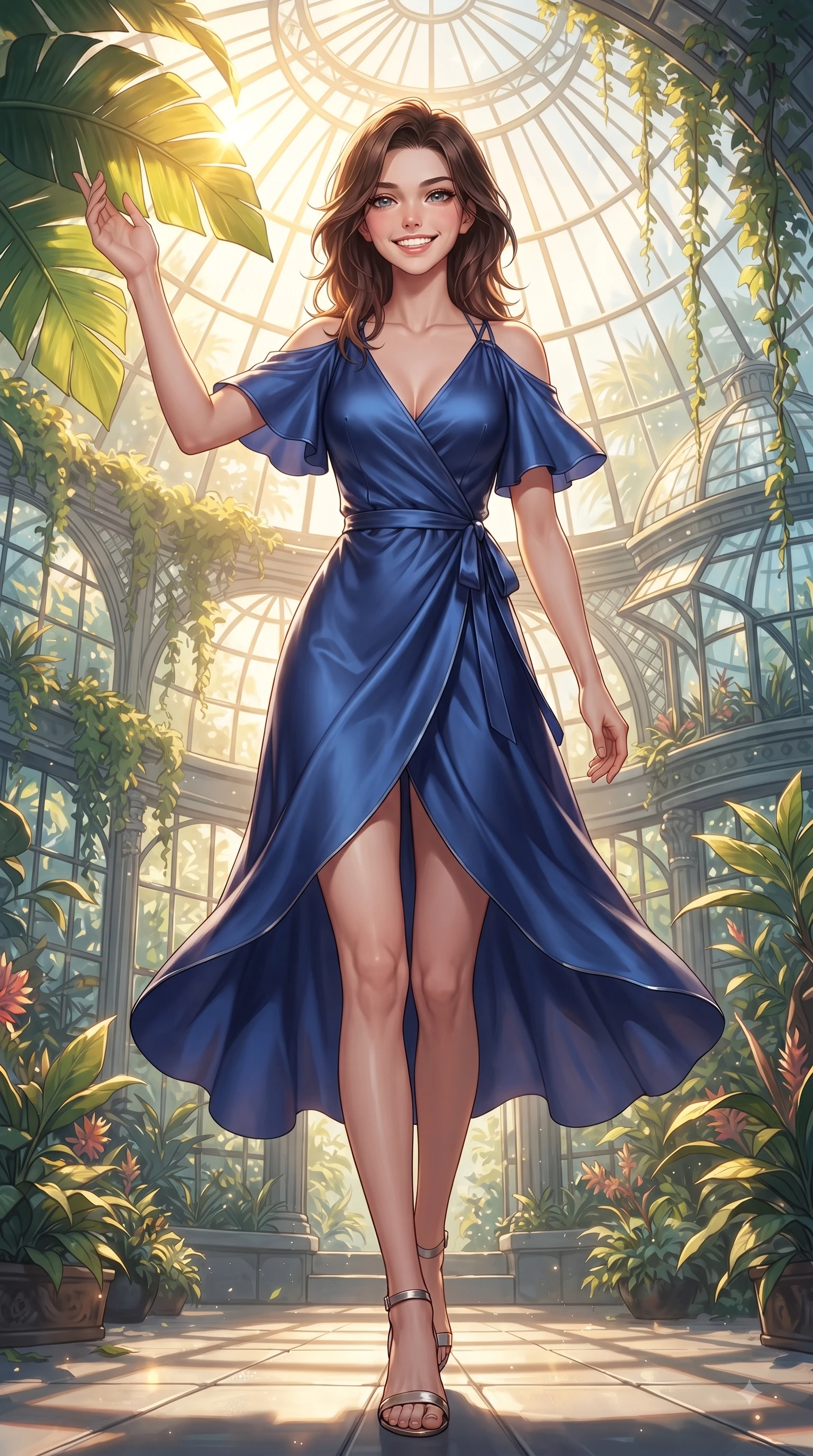 score_9, masterpiece, best quality, ultra-detailed, high-budget anime keyframe, editorial fashion photography, tasteful artistic composition, Korean woman. low angle full-body shot from head to toe showing her feet, filling the entire 9:16 vertical frame with her statuesque presence, stretching her vertical silhouette. walking forward in a proud dynamic stride with a cheerful beaming smile, her vertical silhouette filling the frame while reaching one arm out cheerfully to touch a sun-lit green leaf with a delightful smile. The surrounding environment is rendered in vivid detail and crisp panoramic clarity. intricate glasshouse dome architecture, cascading tropical vines, and vibrant botanical displays in deep focus. She has an absolutely perfect, statuesque 8.5-heads proportion, an exceptionally tall and slender model-like female figure with impossibly long slender legs and an ultra-slim waist. sharp v-shaped jawline, high-bridge nose, intricate jewel-like eyes with depth, thick eyelashes, glossy lips with a natural sheen, flawlessly proportioned anatomical accuracy, natural body alignment, perfectly sculpted elegant limbs, clean dynamic posture without body distortion. wearing an elegant V-neck silk wrap dress with fluttery short sleeves and a cinched waist in deep royal blue and polished silver accent, crafted from smooth liquid silk satin, finished with delicate criss-cross back straps highlighting her bare shoulders, the tailored fabric tightly following every curve of her athletic build. bathed in brilliant golden sunlight filtering through conservatory glass panes. ultra-reflective glossy finish, specular highlights, metallic sheen, high-contrast stereoscopic depth, volumetric dynamic lighting, 2k, ultra detail, master piece, 9:16 ratio