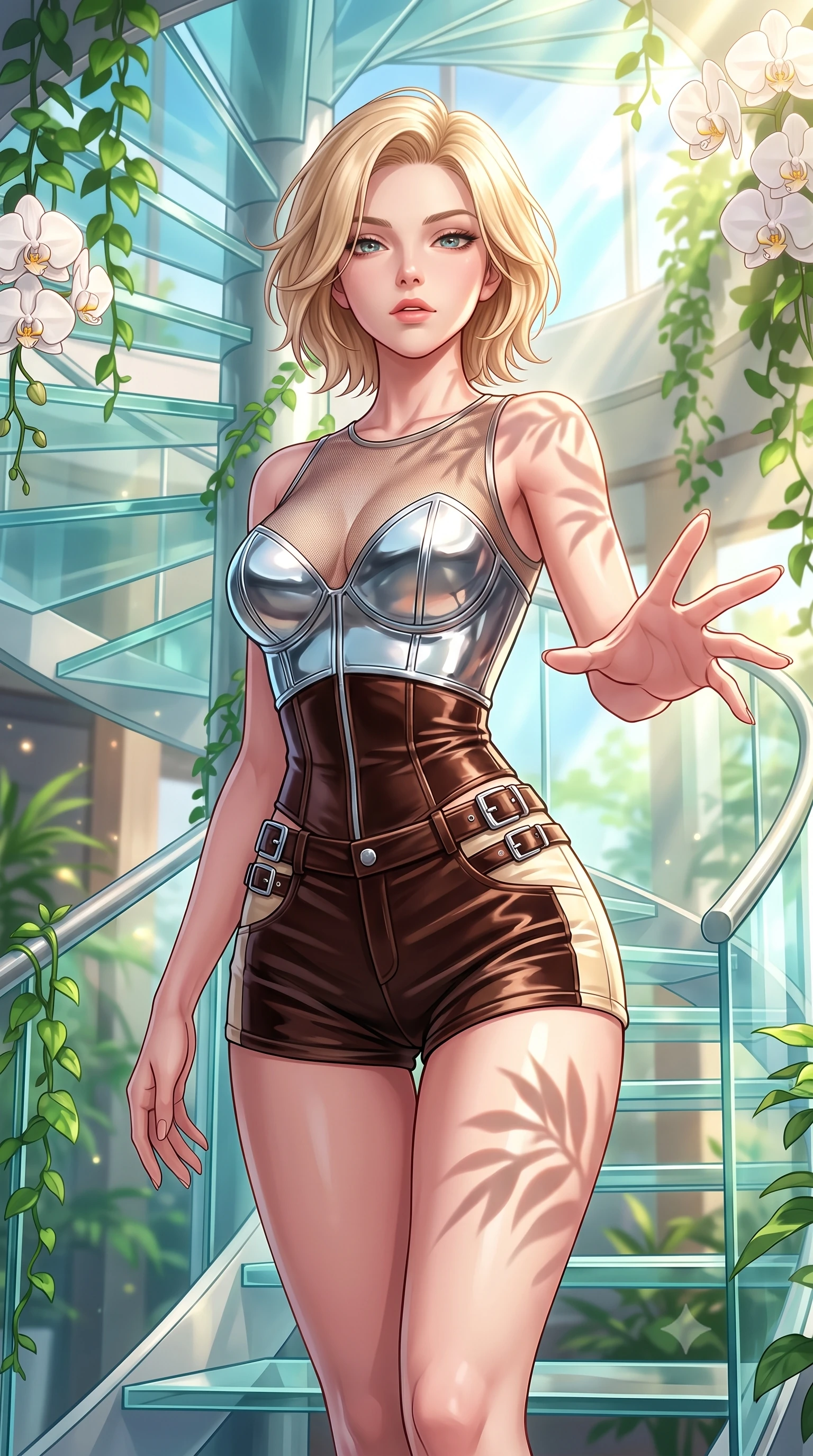 score_9, masterpiece, best quality, ultra-detailed, high-budget anime keyframe, editorial fashion photography, tasteful artistic composition, Caucasian woman. close-up cowboy shot from the waist and thighs up, the character dominates the composition, filling the frame with her large presence, background elements kept in soft focus. Reaching one hand gracefully toward the viewer with effortless superiority and allure ascending a vertical spiral glass staircase enveloped by tropical sunbeams, lush green vines and white orchids framing the bright architectural backdrop. She has an exceptionally elegant, slender, and willowy female figure with an ultra-slim waist, a gracefully sculpted slender torso, and a refined silhouette. sharp v-shaped jawline, high-bridge nose, intricate jewel-like eyes with depth, thick eyelashes, glossy lips with a natural sheen. wearing a chrome-plated structured bodice worn over a sheer mesh top and micro-shorts in espresso brown and warm cream, made of premium stretch velvet with a rich sheen, detailed with polished silver buckles along the waistline, the form-contouring material highlighting her ultra-slim waist and long lines. illuminated by brilliant sunbeams casting organic leaf stencil shadows. highly saturated vibrant anime colors, detailed shading with soft gradients, rich glossy textures, high-contrast stereoscopic depth, volumetric dynamic lighting, master piece, 9:16 ratio