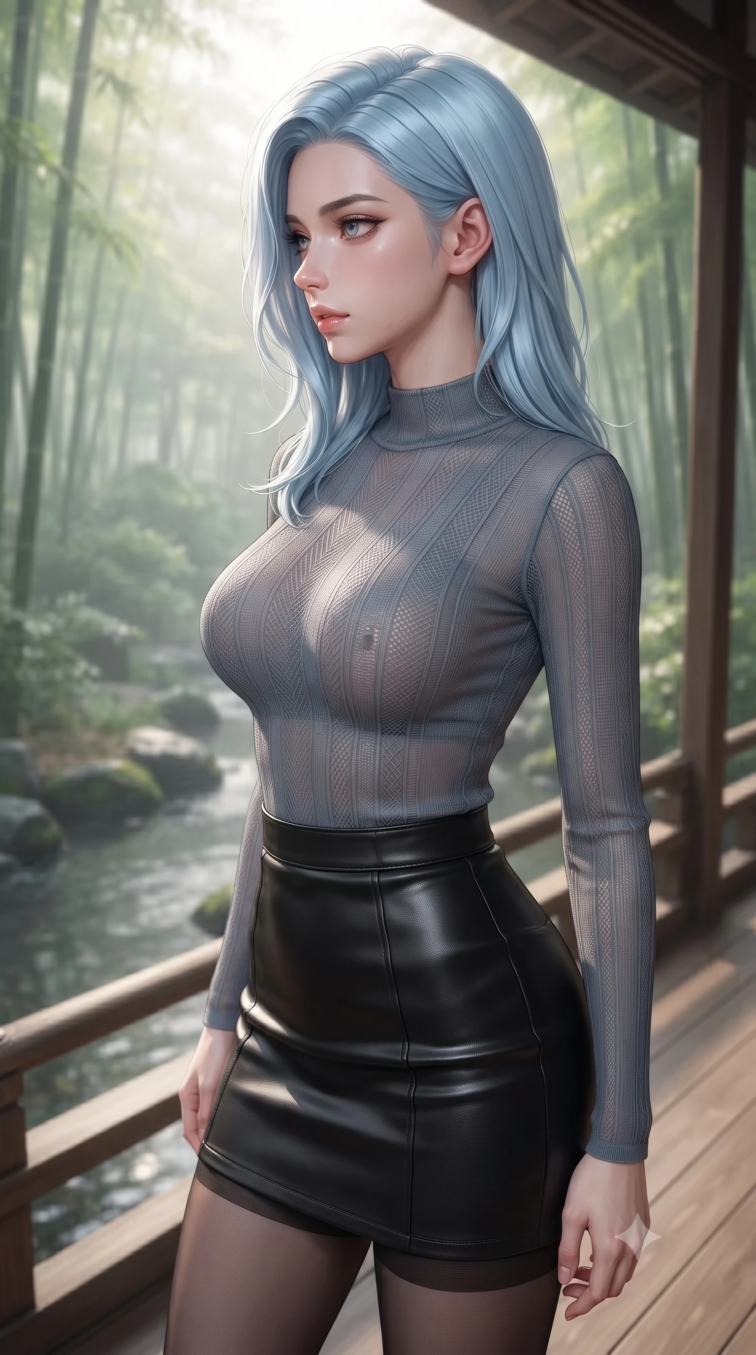 score_9, masterpiece, best quality, ultra-detailed, high-budget anime keyframe, editorial fashion photography, tasteful artistic composition, Korean woman woman. close-up cowboy shot from the waist and thighs up, the character dominates the composition, filling the frame with her large presence, background elements kept in soft focus. turning her face in sharp profile, casting a cold, mysterious, yet intensely alluring side gaze, the background shows a soft-focus a wooden deck of a traditional Japanese inn overlooking a quiet stream and bamboo grove. She has an exceptionally elegant, slender, and willowy female figure with an ultra-slim waist, a gracefully sculpted slender torso, and a refined silhouette. sharp v-shaped jawline, high-bridge nose, intricate jewel-like eyes with depth, thick eyelashes, glossy lips with a natural sheen. wearing a form-contouring semi-transparent mesh top in slate grey, paired with a leather mini skirt and sheer stockings. soft morning mist diffusing the sunlight, creating a tranquil atmosphere. ultra-reflective glossy finish, specular highlights, metallic sheen, high-contrast stereoscopic depth, volumetric dynamic lighting, 2k, ultra detail, master piece, 9:16 ratio