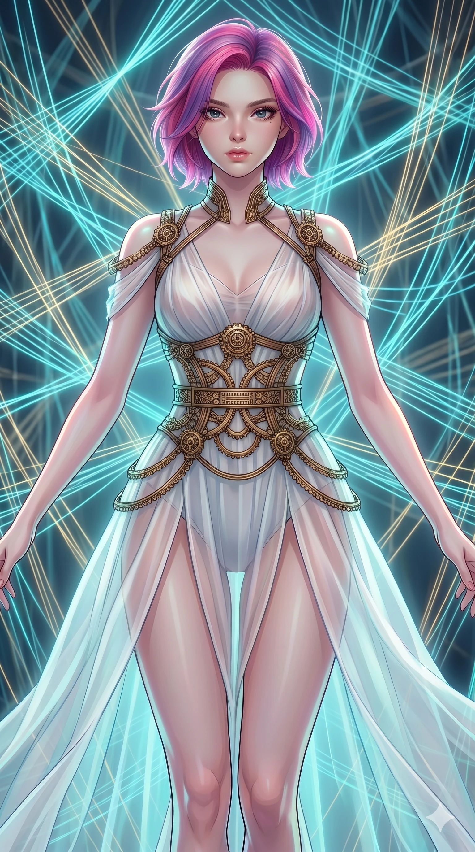 score_9, masterpiece, best quality, ultra-detailed, high-budget anime keyframe, Caucasian woman, strictly human ears. upper body close-up from the thighs up, character filling the screen for maximum presence. floating suspended in an ethereal loom room where millions of luminescent cyan and gold threads intersect and weave geometric patterns. She has an absolutely perfect 8-heads proportion, an exceptionally tall and slender female figure with impossibly long slender legs and an ultra-slim waist. V-shaped jawline, high-bridge nose, intricate jewel-like eyes with depth, thick eyelashes, glossy lips with a natural sheen.. wearing a chrono-gear wire harness couture, featuring micro-bronze gear wire harness cinching her waist, over a sheer white organza dress. enhanced by a luminous pastel spectrum glow, casting elegant rim lights on her shoulders and jawline. 2k, ultra detail, master piece, 9:16 ratio