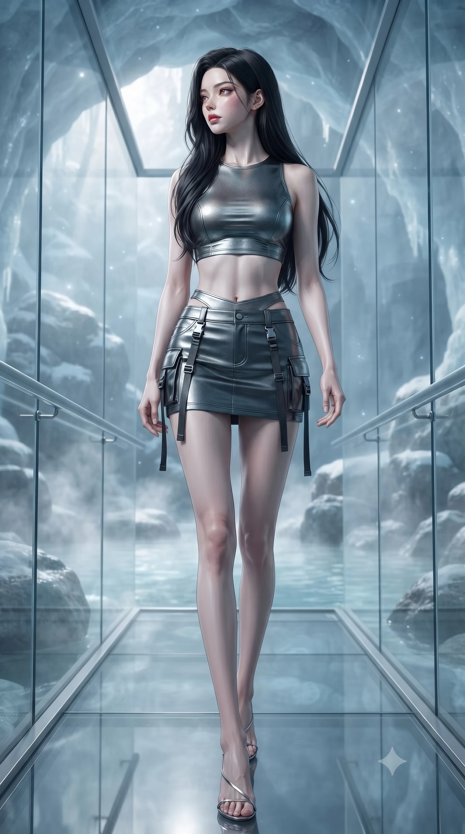 score_9, masterpiece, best quality, ultra-detailed, high-budget anime keyframe, editorial fashion photography, tasteful artistic composition, Korean woman. low angle full-body shot from head to toe showing her feet, filling the entire 9:16 vertical frame with her statuesque presence, stretching her vertical silhouette. walking slowly along a glass skybridge, looking back over her shoulder with an air of effortless grace, the background shows a soft-focus an ice cave hot spring pool with mineral steam rising around rocks. She has an absolutely perfect, statuesque 8.5-heads proportion, an exceptionally tall and slender model-like female figure with impossibly long slender legs and an ultra-slim waist. sharp v-shaped jawline, high-bridge nose, intricate jewel-like eyes with depth, thick eyelashes, glossy lips with a natural sheen. wearing a body-hugging modern carbon-alloy crop top paired with a low-rise tactical skirt and a subtle waist cut-out. soft morning mist diffusing the warm starlight, creating a tranquil wash. ultra-reflective glossy finish, specular highlights, metallic sheen, high-contrast stereoscopic depth, volumetric dynamic lighting, 2k, ultra detail, master piece, 9:16 ratio