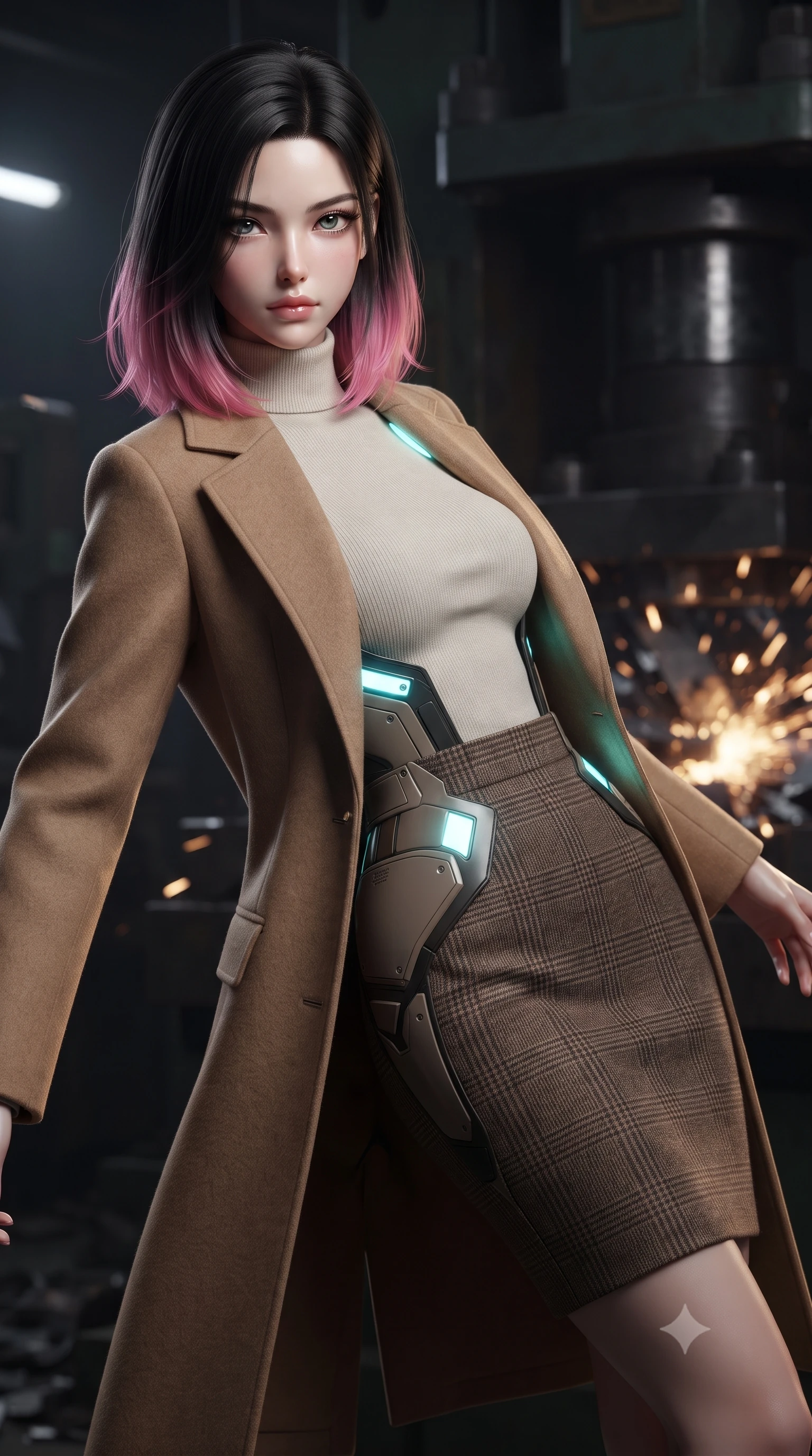 score_9, masterpiece, best quality, ultra-detailed, high-budget anime keyframe, editorial fashion photography, tasteful artistic composition, realistic cosplay photography, Korean woman. close-up cowboy shot from the waist and thighs up, the character dominates the composition, filling the frame with her large presence, background elements kept in soft focus. Leaning back to dodge a fast strike with fluid grace, casting a cold side-glare. set against a soft-focus background of inside a industrial scrap press, massive hydraulic plates slowly closing and sparking as metal scraps crush. She has an exceptionally elegant and slender, willowy female figure with an ultra-slim waist, a gracefully sculpted slender torso, and a refined slim physique. sharp v-shaped jawline, high-bridge nose, intricate jewel-like eyes with depth, thick eyelashes, glossy lips with a natural sheen. wearing tailored for maximum mobility, sleek form-contouring panels that allow fluid movement, a slim-fit camel hair overcoat over a soft ivory turtleneck and a brown plaid wool pencil skirt. soft aqua bioluminescent light making her skin luminously glow against darkness. ultra-reflective glossy finish, specular highlights, metallic sheen, high-contrast stereoscopic depth, volumetric dynamic lighting, 2k, ultra detail, master piece, 9:16 ratio