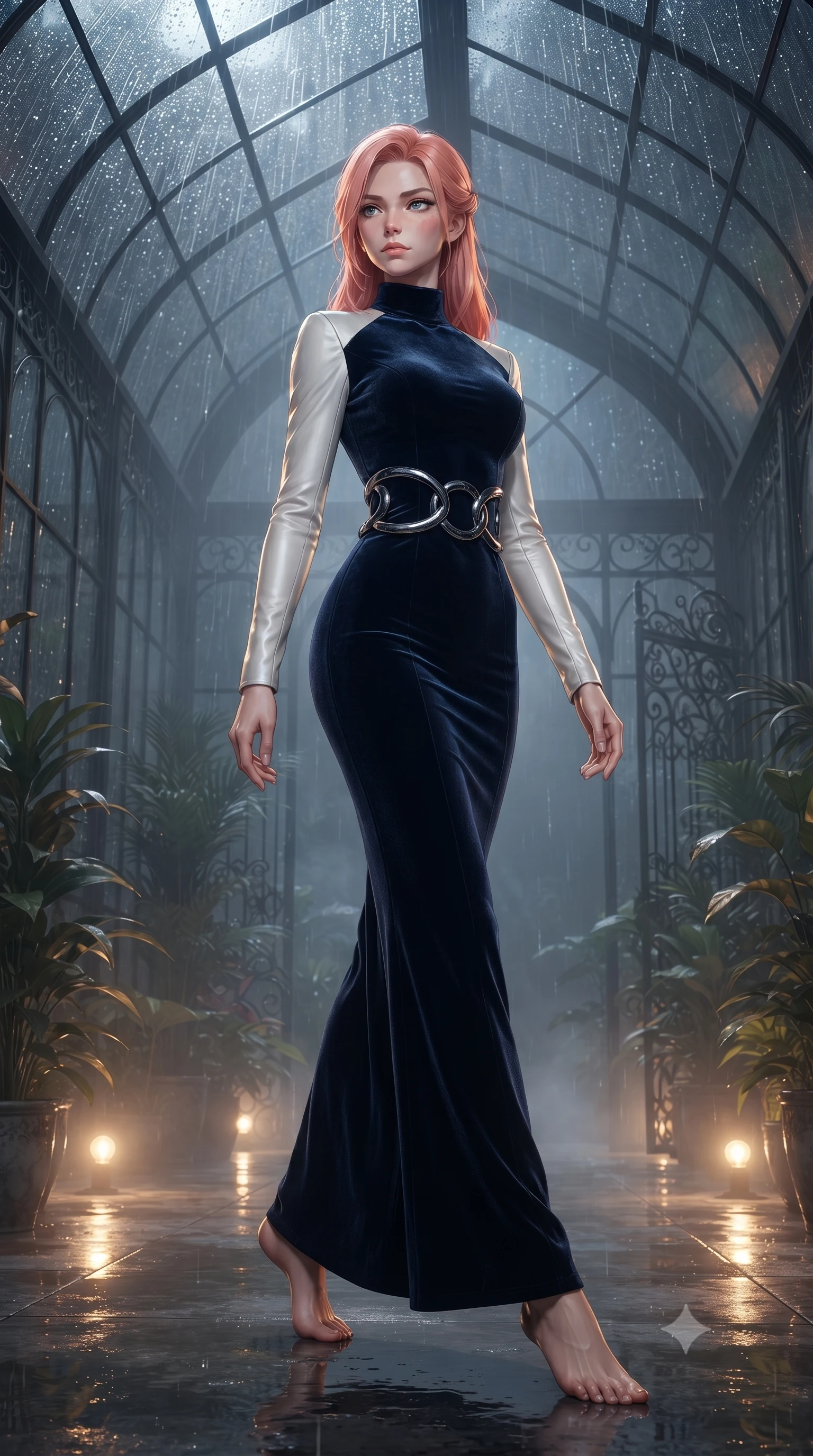 score_9, masterpiece, best quality, ultra-detailed, high-budget anime keyframe, editorial fashion photography, tasteful artistic composition, Japanese woman. low angle full-body shot from head to toe showing her feet, filling the entire 9:16 vertical frame with her statuesque presence, stretching her vertical silhouette. stepping gracefully through the luxurious environment, stretching her statuesque silhouette, walking through a glass conservatory shrouded in thick midnight rain fog, torrential rain streaming down glass roof glinting under warm floor spotlights. She has an absolutely perfect, statuesque 8.5-heads proportion, an exceptionally tall and slender model-like female figure with impossibly long slender legs and an ultra-slim waist. sharp v-shaped jawline, high-bridge nose, intricate jewel-like eyes with depth, thick eyelashes, glossy lips with a natural sheen. wearing floor-length high-neck midnight navy velvet gown with long sleeves in pearl white, made of polished black leather, accented with sculpted obsidian chrome rings at the waist, highlighting her statuesque proportions and ultra-slim waistline. lit by low-key golden rays piercing through rain-streaked glass. ultra-reflective glossy finish, specular highlights, metallic sheen, high-contrast stereoscopic depth, volumetric dynamic lighting, 2k, ultra detail, master piece, 9:16 ratio