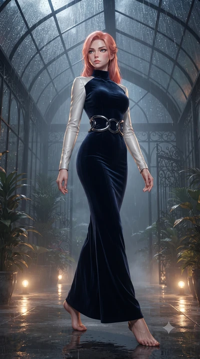 score_9, masterpiece, best quality, ultra-detailed, high-budget anime keyframe, editorial fashion photography, tasteful artistic composition, Japanese woman. low angle full-body shot from head to toe showing her feet, filling the entire 9:16 vertical