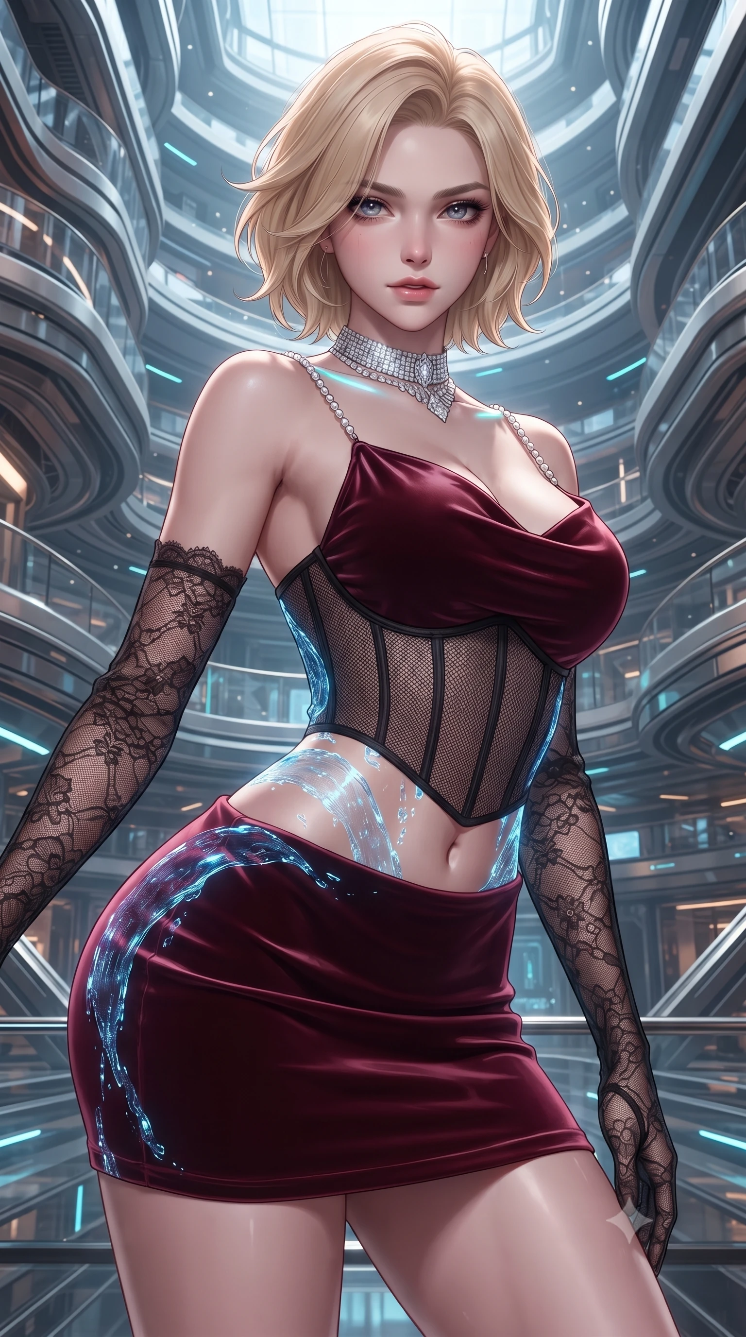 score_9, masterpiece, best quality, ultra-detailed, high-budget anime keyframe, editorial fashion photography, tasteful artistic composition, Caucasian woman. close-up cowboy shot from the waist and thighs up, the character dominates the composition, filling the frame with her large presence. leaning forward while arching her lower back to accentuate her curvy hips, looking into the camera with an intoxicating smoldering gaze and bedroom-eyes while twisting her slender torso in an alluring S-curve, cascading blue holographic water data streams tracing her flat midriff, waist, and hips. The surrounding environment is rendered in vivid detail and crisp panoramic clarity: detailed strapless boned corset bodice weave, diamond choker shine, and futuristic atrium architecture in high resolution. She has an exceptionally elegant, slender, and willowy female figure with an ultra-slim waist, flat toned midriff, narrow ribcage, and sculpted feminine hips creating an alluring, slim hourglass silhouette without bulk. sharp v-shaped jawline, high-bridge nose, sparkling eyes with hypnotic seductive depth, thick curled eyelashes, glossy parted lips with a natural dewy peach sheen, alluring bedroom-eyes with an enchanting coquettish smile, exuding magnetic siren charisma and sophisticated glamour, flawlessly proportioned anatomical accuracy, strict slender model proportions, natural body alignment, perfectly sculpted long slender limbs, ultra-slim waistline, clean dynamic posture without body distortion. wearing a low-cut draped cowl-back satin slip mini dress with dainty pearl spaghetti straps in deep bordeaux velvet and delicate black chantilly, made of semi-opaque stretch illusion mesh with soft shadowy contours, complemented by sheer opera-length lace evening gloves tracing her slender arms, the second-skin tailored fabric adhering flawlessly to her sculpted flat midriff and slender torso, emphasizing her long leg lines and perfectly proportioned willowy build. illuminated by basin water specular reflections and sharp electric-cyan rim lights defining her delicate clavicles, narrow waist, and curvy hips. ultra-reflective glossy finish, specular highlights, rich textural contrasts, high-contrast stereoscopic depth, volumetric dynamic lighting, 2k, ultra detail, master piece, 9:16 ratio