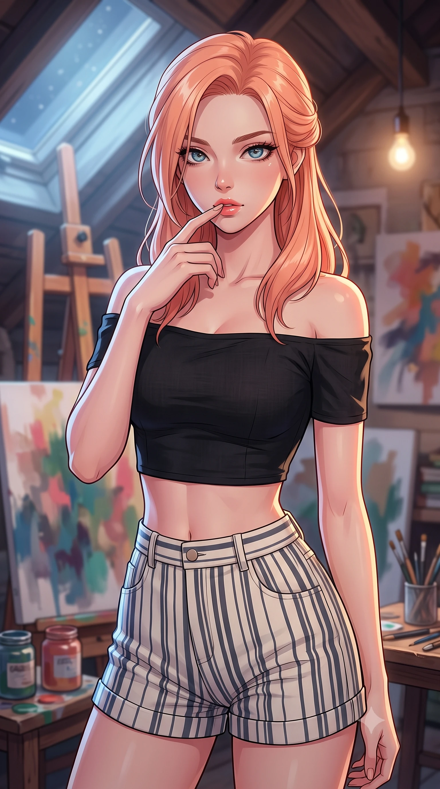 score_9, masterpiece, best quality, ultra-detailed, high-budget anime keyframe, tasteful artistic composition, Japanese woman. close-up cowboy shot from the waist and thighs up, the character dominates the composition, filling the frame with her large presence, background elements kept in soft focus. pressing one finger to her bottom lip in a thoughtful, seductive gesture under the warm sun the background shows a soft-focus an artist's attic studio filled with canvases, paint jars, and a wooden easel near a skylight. She has an exceptionally elegant, slender, and willowy female figure with an ultra-slim waist, a gracefully sculpted slender torso, and a refined silhouette. sharp v-shaped jawline, high-bridge nose, intricate jewel-like eyes with depth, thick eyelashes, glossy lips with a natural sheen. wearing a form-contouring chic off-shoulder crop top in black linen, paired with high-waisted striped resort shorts. cool silver moonlight filtering through the skylight, painting the canvas in a soft wash. highly saturated vibrant anime colors, cel-shading, 2d style, master piece, 9:16 ratio
