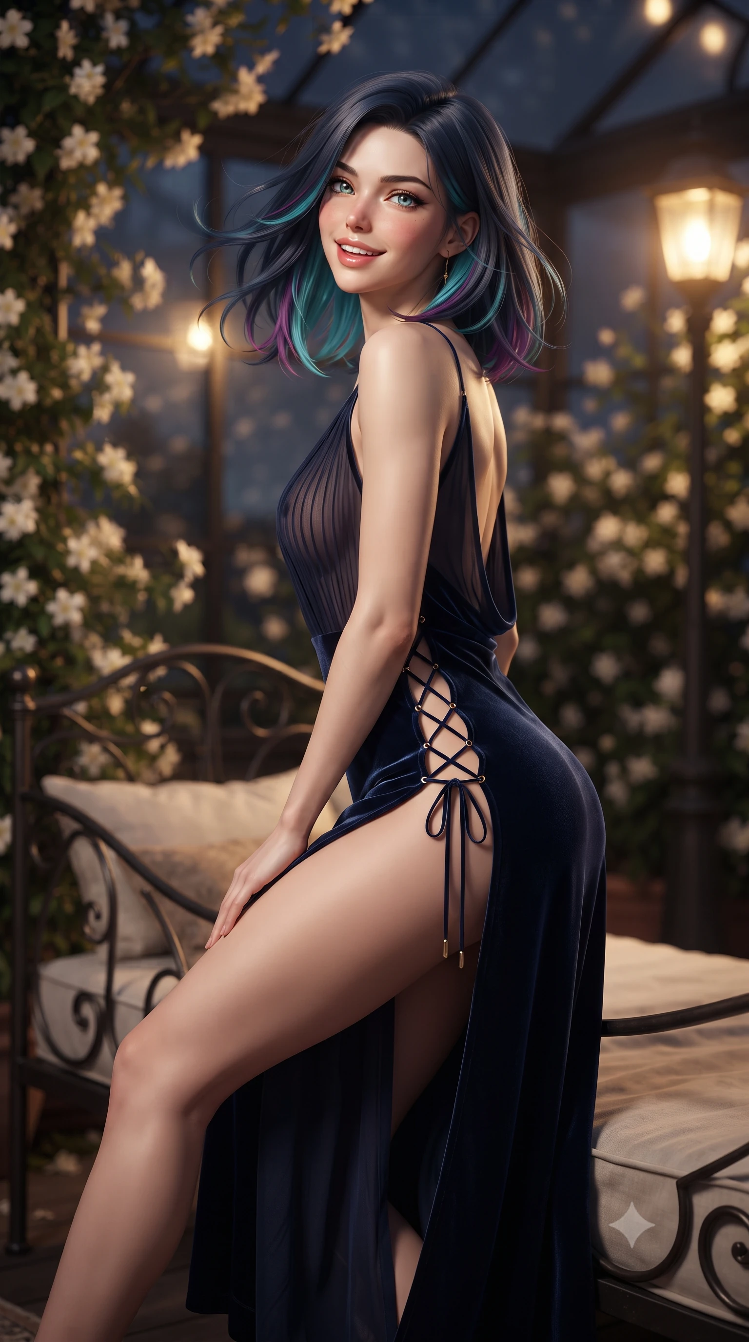 score_9, masterpiece, best quality, ultra-detailed, high-budget anime keyframe, editorial fashion photography, tasteful artistic composition, Caucasian woman. close-up cowboy shot from the waist and thighs up, the character dominates the composition, filling the frame with her large presence. turning slowly with an enchanting smoldering smile, her glossy hair tossing in the breeze as her hips angle gracefully in a captivating contrapposto while sitting gracefully on the wrought-iron daybed with legs extended, flashing a radiant, flirtatious smile toward the lens with parted glossy lips. The background shows a soft-focus indoor climbing jasmine blossoms softened in bohemian-luxe rooftop conservatory shallow focus. She has an exceptionally elegant, slender, and willowy female figure with an ultra-slim waist, flat toned midriff, narrow ribcage, and sculpted feminine hips creating an alluring, slim hourglass silhouette without bulk. sharp v-shaped jawline, high-bridge nose, intricate jewel-like sparkling eyes with depth, thick eyelashes, glossy parted lips with a natural peach sheen, bright cheerful beaming smile with an enchanting and coquettish sensual glint, exuding both youthful cute charm and seductive allure, flawlessly proportioned anatomical accuracy, strict slender model proportions, natural body alignment, perfectly sculpted long slender limbs, ultra-slim waistline, clean dynamic posture without body distortion. wearing an ethereal sheer pleated georgette resort slip dress with hip-high side slits and an open cowl back clinging in sea breezes in Huangpu midnight sapphire and neon magenta, tailored from ultra-plush silk velvet with rich tactile depth and deep shadow gradients, featuring fine criss-cross lace-up side ties revealing tantalizing glimpses of her hip curve, the high-slit wrap tailoring accentuating her ultra-slim waistline and the enchanting curve of her feminine hips with alluring seductive charm. bathed in the warm golden 2500K glow of Edwardian streetlamps and rooftop architectural floodlights spilling through glass. ultra-reflective glossy finish, specular highlights, rich textural contrasts, high-contrast stereoscopic depth, volumetric dynamic lighting, 2k, ultra detail, master piece, 9:16 ratio