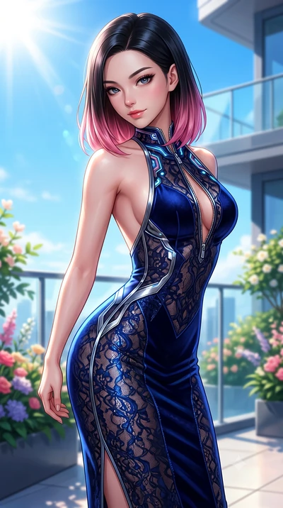 score_9, masterpiece, best quality, ultra-detailed, high-budget anime keyframe, semi-realistic 3D game render, editorial fashion photography, tasteful artistic composition, Korean woman. close-up cowboy shot from the waist and thighs up, the characte
