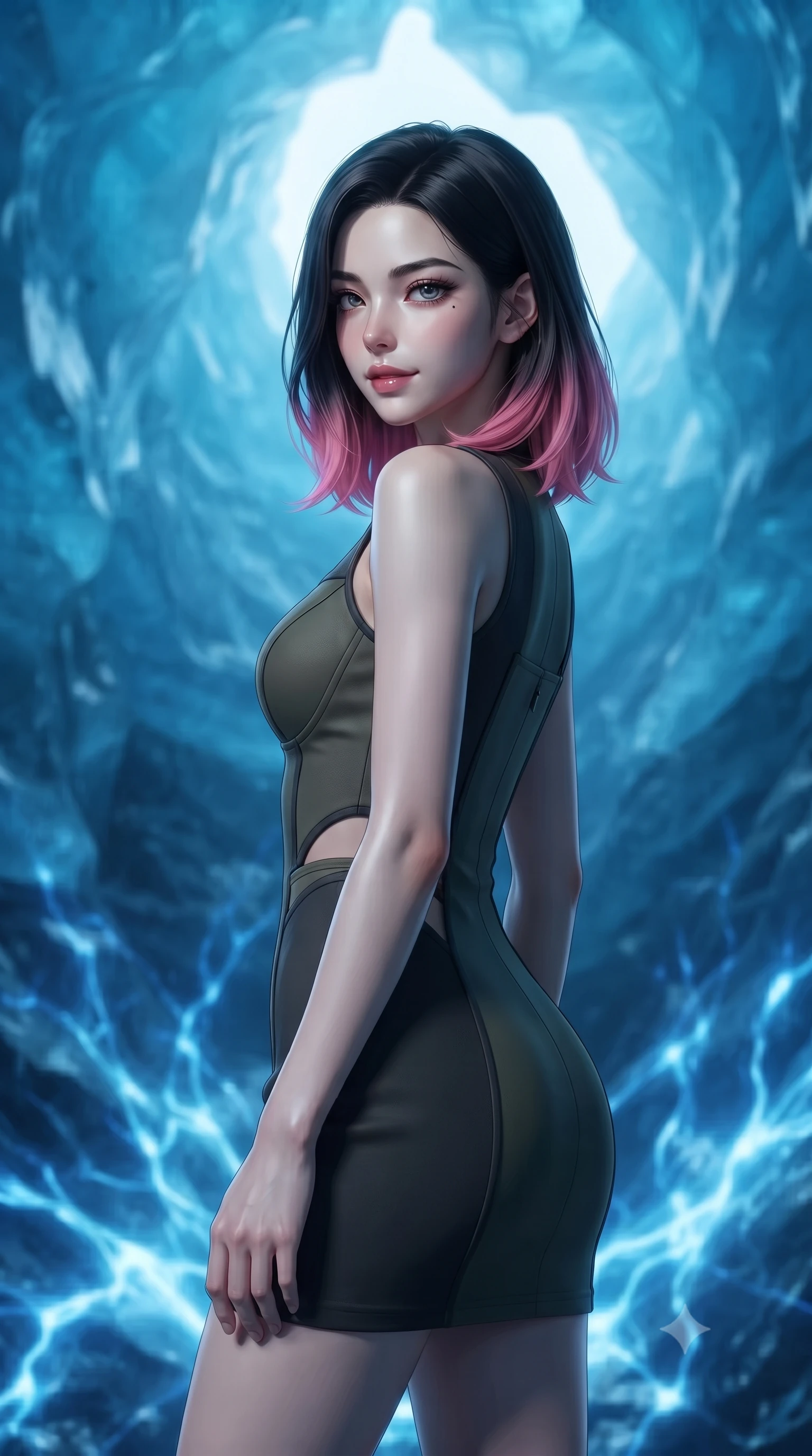 score_9, masterpiece, best quality, ultra-detailed, high-budget anime keyframe, editorial fashion photography, tasteful artistic composition, Korean woman. close-up cowboy shot from the waist and thighs up, the character dominates the composition, filling the frame with her large presence, background elements kept in soft focus. Glancing sidelong over her shoulder with a smoldering half-smile. set against a soft-focus background of inside a massive glacier cave where the ice walls are deep sapphire blue compressed by millennia of pressure light filtering through the ancient ice creating an atmosphere like being submerged in a blue ocean. She has an exceptionally elegant and slender, willowy female figure with an ultra-slim waist, a gracefully sculpted slender torso, and a refined slim physique. sharp v-shaped jawline, high-bridge nose, intricate jewel-like eyes with depth, thick eyelashes, glossy lips with a natural sheen. wearing a combat mini dress in dark olive green and charcoal, featuring subtle hip cutouts and a structured bodice. pulsing electric blue plasma arc lighting rising dramatically from below. 2k, ultra detail, master piece, 9:16 ratio