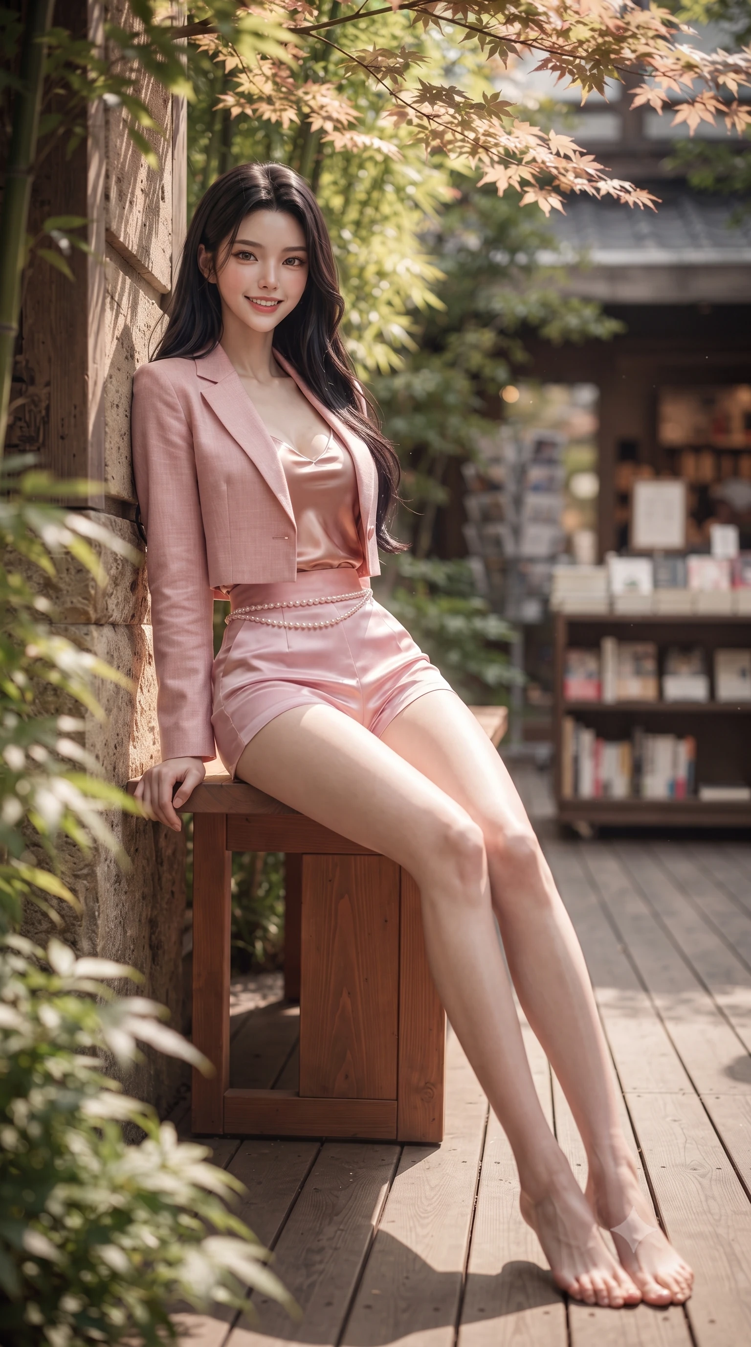 score_9, masterpiece, best quality, ultra-detailed, high-budget anime keyframe, editorial fashion photography, tasteful artistic composition, Korean woman. low angle full-body shot from head to toe showing her feet, filling the entire 9:16 vertical frame with her statuesque presence, stretching her vertical silhouette. leaning deep against the sunlit architecture with hips cocked back in a cute yet unapologetically alluring high-fashion stance, flashing a warm beaming smile while sitting on a low-slung cedarwood bench surrounded by lush green bamboo, arching her lower back with a charming, intellectual cute smile. The composition keeps background elements in soft focus with dreamy creamy bokeh. outdoor wooden deck terraces and book display displays softened in sophisticated Tokyo shallow focus. She has an exceptionally tall and slender model-like 8.5-heads proportion, an ultra-slim waist, a flat toned midriff, narrow delicate ribcage, and beautifully sculpted feminine hips creating a graceful, slim hourglass silhouette without any bulky heaviness, with impossibly long slender legs. sharp v-shaped jawline, high-bridge nose, intricate jewel-like sparkling eyes with depth, thick eyelashes, glossy parted lips with a natural peach sheen, bright cheerful beaming smile with an enchanting and coquettish sensual glint, exuding both youthful cute charm and seductive allure, flawlessly proportioned anatomical accuracy, strict slender model proportions, natural body alignment, perfectly sculpted long slender limbs, ultra-slim waistline, clean dynamic posture without body distortion. wearing a chic cropped linen blazer worn with a plunging-V camisole and high-waisted tailored hot-pants showcasing her long slender legs in cherry blossom pink and soft rose gold, made of smooth fluid silk satin with a delicate pearlescent sheen, accented with a dainty pearl waist chain catching the ambient sunlight, the glove-like silhouette tightly following the natural contour of her hips and long slender legs with youthful 8.5-heads elegance. bathed in soft, dappled morning sunlight filtering through Japanese maple leaves. ultra-reflective glossy finish, specular highlights, rich textural contrasts, high-contrast stereoscopic depth, volumetric dynamic lighting, 2k, ultra detail, master piece, 9:16 ratio