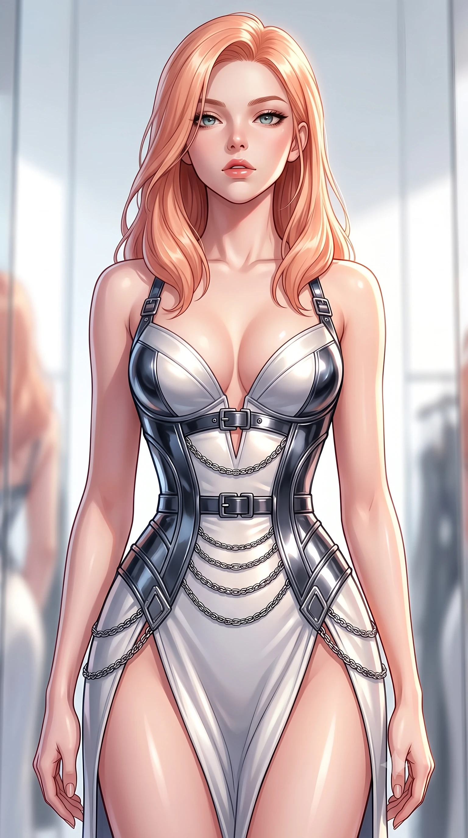 score_9, masterpiece, best quality, ultra-detailed, high-budget anime keyframe, editorial fashion photography, tasteful artistic composition, Japanese woman. close-up cowboy shot from the waist and thighs up, the character dominates the composition, filling the frame with her large presence, background elements kept in soft focus. Tilting her chin up slightly with lips parted in a composed, magnetic expression, looking into the camera with direct, magnetic self-assurance and charisma, magnetic runway model aura with supreme visual command. She has an exceptionally elegant, slender, and willowy female figure with an ultra-slim waist, a gracefully sculpted slender torso, and a refined silhouette. sharp v-shaped jawline, high-bridge nose, intricate jewel-like eyes with depth, thick eyelashes, glossy lips with a natural sheen. wearing low-cut gothic structured bodice gown with high leg slit in pearl white, made of sculpted obsidian metallic chrome, framed by dark titanium buckles and silver chain details, contouring every curve with an exceptionally elegant silhouette. bathed in high-contrast specular reflections against bright mirror space. highly saturated vibrant anime colors, detailed shading with soft gradients, rich glossy textures, high-contrast stereoscopic depth, volumetric dynamic lighting, master piece, 9:16 ratio