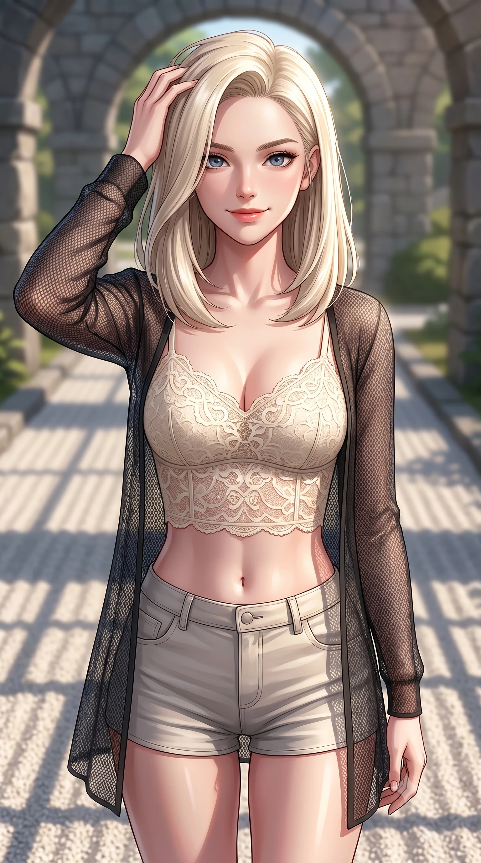 score_9, masterpiece, best quality, ultra-detailed, high-budget anime keyframe, editorial fashion photography, tasteful artistic composition, Caucasian woman. close-up cowboy shot from the waist and thighs up, the character dominates the composition, filling the frame with her large presence, background elements kept in soft focus. slowly running a hand through her hair, smiling with quiet, magnetic self-assurance directly into the camera, the background shows a soft-focus a fossil sanctuary garden path with raked sand gravel and stone arches. She has an exceptionally elegant, slender, and willowy female figure with an ultra-slim waist, a gracefully sculpted slender torso, and a refined silhouette. sharp v-shaped jawline, high-bridge nose, intricate jewel-like eyes with depth, thick eyelashes, glossy lips with a natural sheen. wearing a tailored delicate lace crop top in cream, worn under a semi-opaque carbon-mesh cardigan and micro-shorts. crisp morning sunlight casting sharp, clean grid shadows across the sand. highly saturated vibrant anime colors, detailed shading with soft gradients, rich glossy textures, high-contrast stereoscopic depth, volumetric dynamic lighting, master piece, 9:16 ratio