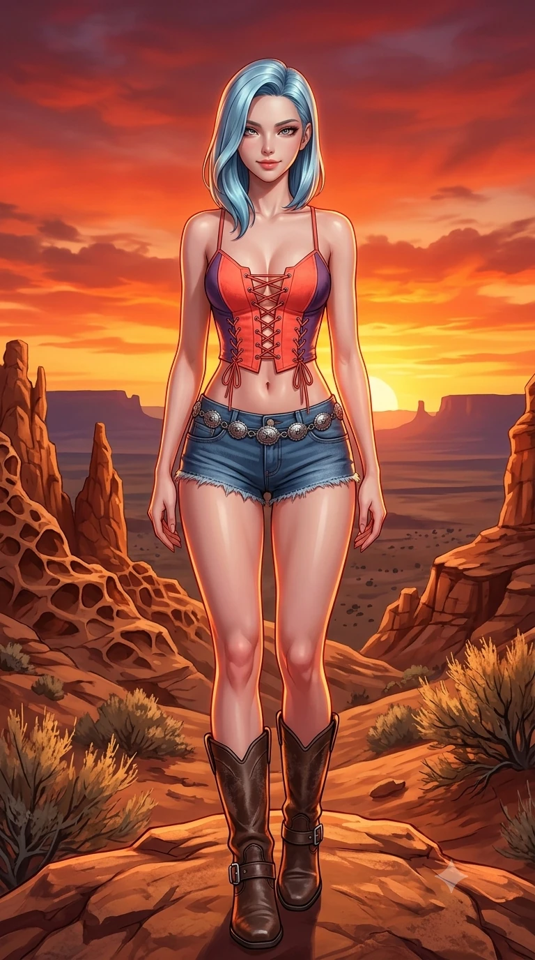 score_9, masterpiece, best quality, ultra-detailed, high-budget anime keyframe, semi-realistic 3D game render, editorial fashion photography, tasteful artistic composition, Korean woman. close-up cowboy shot from the waist and thighs up, the character dominates the composition, filling the frame with her large presence. leaning forward while arching her lower back to accentuate her curvy hips, looking into the camera with an intoxicating smoldering gaze and bedroom-eyes while standing tall on the highest rock promontory, stretching her statuesque body as she arches her lower back to emphasize her sculpted feminine hips against the fiery sunset. The surrounding environment is rendered in vivid detail and crisp panoramic clarity: sharp wind-eroded sandstone honeycomb formations, distant plateau horizon silhouettes, and dry sagebrush shrubs in deep focus. She has an exceptionally elegant, slender, and willowy female figure with an ultra-slim waist, flat toned midriff, narrow ribcage, and sculpted feminine hips creating an alluring, slim hourglass silhouette without bulk. sharp v-shaped jawline, high-bridge nose, sparkling eyes with hypnotic seductive depth, thick curled eyelashes, glossy parted lips with a natural dewy peach sheen, alluring bedroom-eyes with an enchanting coquettish smile, exuding magnetic siren charisma and sophisticated glamour, flawlessly proportioned anatomical accuracy, strict slender model proportions, natural body alignment, perfectly sculpted long slender limbs, ultra-slim waistline, clean dynamic posture without body distortion. wearing a plunging lace-up suede bustier top paired with ultra-short frayed denim cutoffs and a silver concho waist chain in blazing neon coral and desert twilight violet, made of fluid liquid jersey with seamless sculpting hold and smooth contours, complemented by rugged distressed leather motorcycle boots with silver buckle hardware, the bespoke structured tailoring following the natural line of her 8.5-heads silhouette with refined elegance. illuminated by sandstone cliff bounce and sharp vermilion-amber rim lights defining her razor-sharp jawline, narrow waist, and curvy hips. highly saturated vibrant anime colors, detailed shading with soft gradients, rich glossy textures, high-contrast stereoscopic depth, volumetric dynamic lighting, master piece, 9:16 ratio