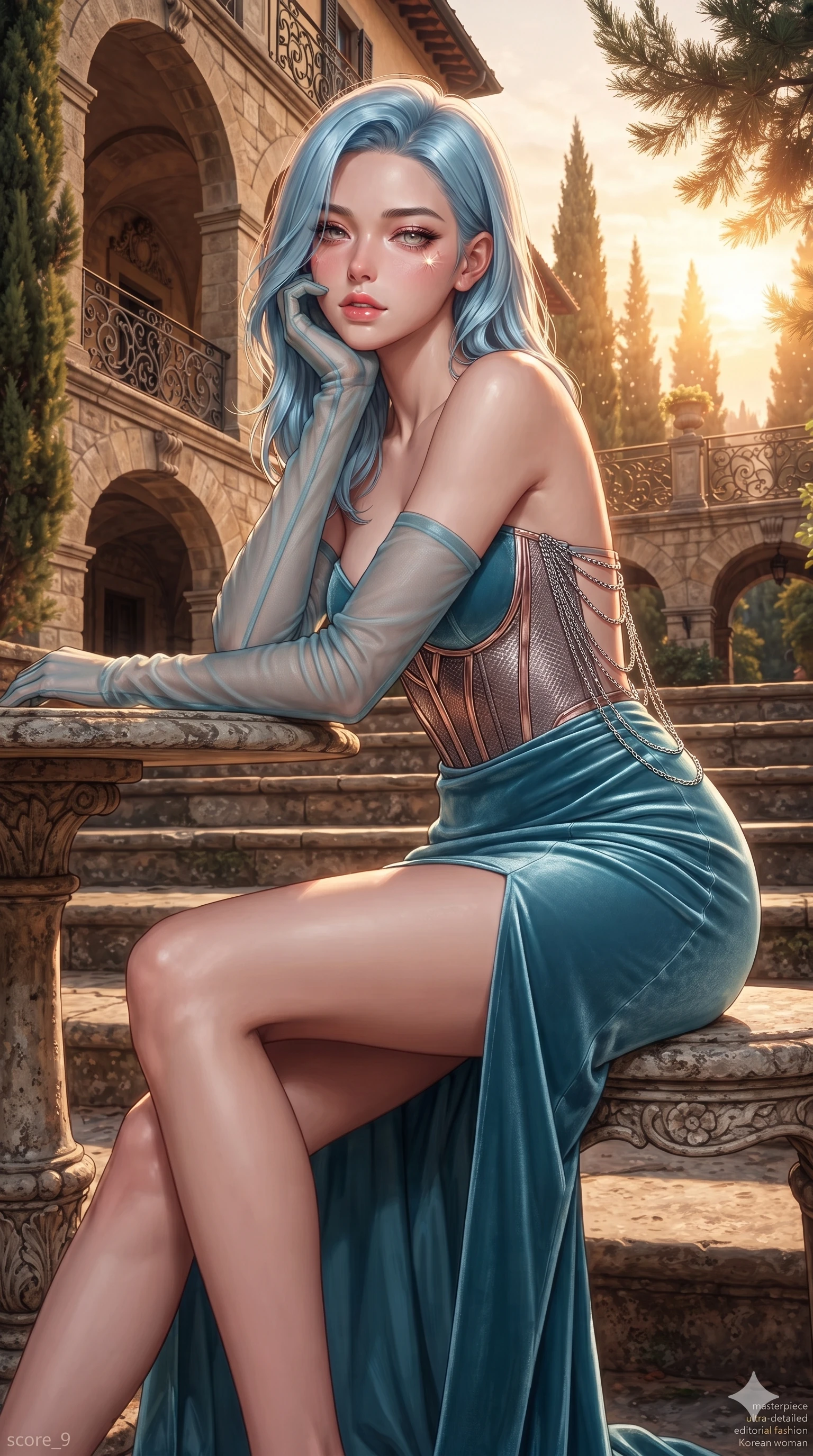 score_9, masterpiece, best quality, ultra-detailed, high-budget anime keyframe, editorial fashion photography, tasteful artistic composition, Korean woman. close-up cowboy shot from the waist and thighs up, the character dominates the composition, filling the frame with her large presence. resting one elbow on the table and supporting her chin, leaning close to the camera with heavy-lidded sparkling eyes and parted lips while sitting poised on the wide stone garden steps with one knee bent, her long slender legs and statuesque hourglass silhouette commanding the historic estate. The surrounding environment is rendered in vivid detail and crisp panoramic clarity: detailed gown tailoring, second-skin fit, and timeless Italian villa craftsmanship in razor-sharp precision. She has an exceptionally elegant, slender, and willowy female figure with an ultra-slim waist, flat toned midriff, narrow ribcage, and sculpted feminine hips creating an alluring, slim hourglass silhouette without bulk. sharp v-shaped jawline, high-bridge nose, intricate jewel-like eyes with depth, thick eyelashes, glossy parted lips with a natural sheen, intensely captivating and seductive bedroom-eyes expression, flawlessly proportioned anatomical accuracy, strict slender model proportions, natural body alignment, perfectly sculpted long slender limbs, ultra-slim waistline, clean dynamic posture without body distortion. wearing a strapless velvet column gown with deep side slit, metallic leather corset bodice, and sheer opera gloves in Venetian aquamarine silk and rose gold, woven from structured carbon-fiber jacquard with rich textural depth, accented with an open-back drape framed by falling strands of delicate chrome chains, the liquid-tight tailored fabric clinging flawlessly to her narrow waist and rounded feminine hips, emphasizing every millimeter of her sculpted slim hourglass curves without any bulky heaviness. bathed in the dramatic warm 2700K golden sunset glow filtering through cypress branches. ultra-reflective glossy finish, specular highlights, rich textural contrasts, high-contrast stereoscopic depth, volumetric dynamic lighting, 2k, ultra detail, master piece, 9:16 ratio