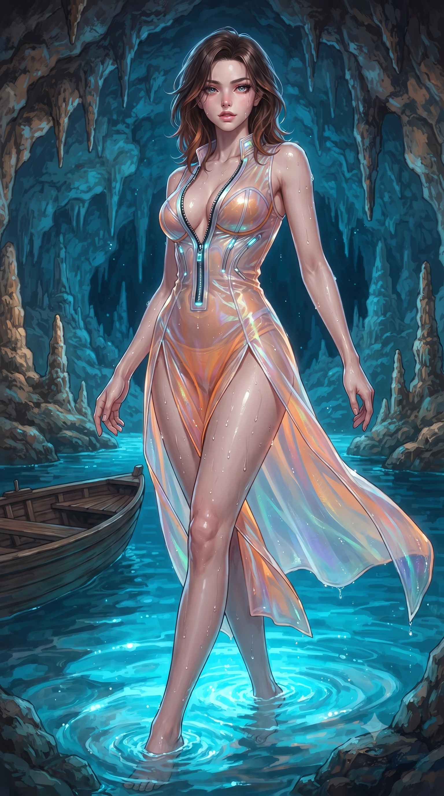 score_9, masterpiece, best quality, ultra-detailed, high-budget anime keyframe, editorial fashion photography, tasteful artistic composition, Korean woman. low angle full-body shot from head to toe showing her feet, filling the entire 9:16 vertical frame with her statuesque presence, stretching her vertical silhouette. pivoting dynamically in mid-motion with a breathtakingly alluring posture, displaying her flawless model proportions and ultra-slim waist while standing waist-deep in neon-azure subterranean seawater as electric blue underwater light illuminates her sculpted flat midriff. The surrounding environment is rendered in vivid detail and crisp panoramic clarity. crisp boat wood grain, glistening water droplets on skin, and subterranean cave formations in high clarity. She has an absolutely perfect, statuesque 8.5-heads proportion, an exceptionally tall and slender model-like female figure with impossibly long slender legs, a toned flat midriff, and an ultra-slim waist. sharp v-shaped jawline, high-bridge nose, intricate jewel-like eyes with depth, thick eyelashes, glossy lips with a natural sheen, flawlessly proportioned anatomical accuracy, strict slender model proportions, natural body alignment, perfectly sculpted long slender limbs, ultra-slim waistline, clean dynamic posture without body distortion. wearing a translucent iridescent organza wrap dress with structured bustier boning, plunging neckline, and high-cut dual leg slits in vivid sunset amber orange and cloud white, tailored from semi-translucent cybernetic vinyl with glowing micro-filaments, featuring a dangerously unzipped neckline framed by glowing cybernetic accents, the sleek second-skin cut tightly hugging her graceful clavicle, narrow waist, and feminine curves with athletic precision. surrounded by a mystical, enchanting, and breathtakingly sensual Mediterranean mermaid-goddess aura. ultra-reflective glossy finish, specular highlights, metallic sheen, high-contrast stereoscopic depth, volumetric dynamic lighting, 2k, ultra detail, master piece, 9:16 ratio