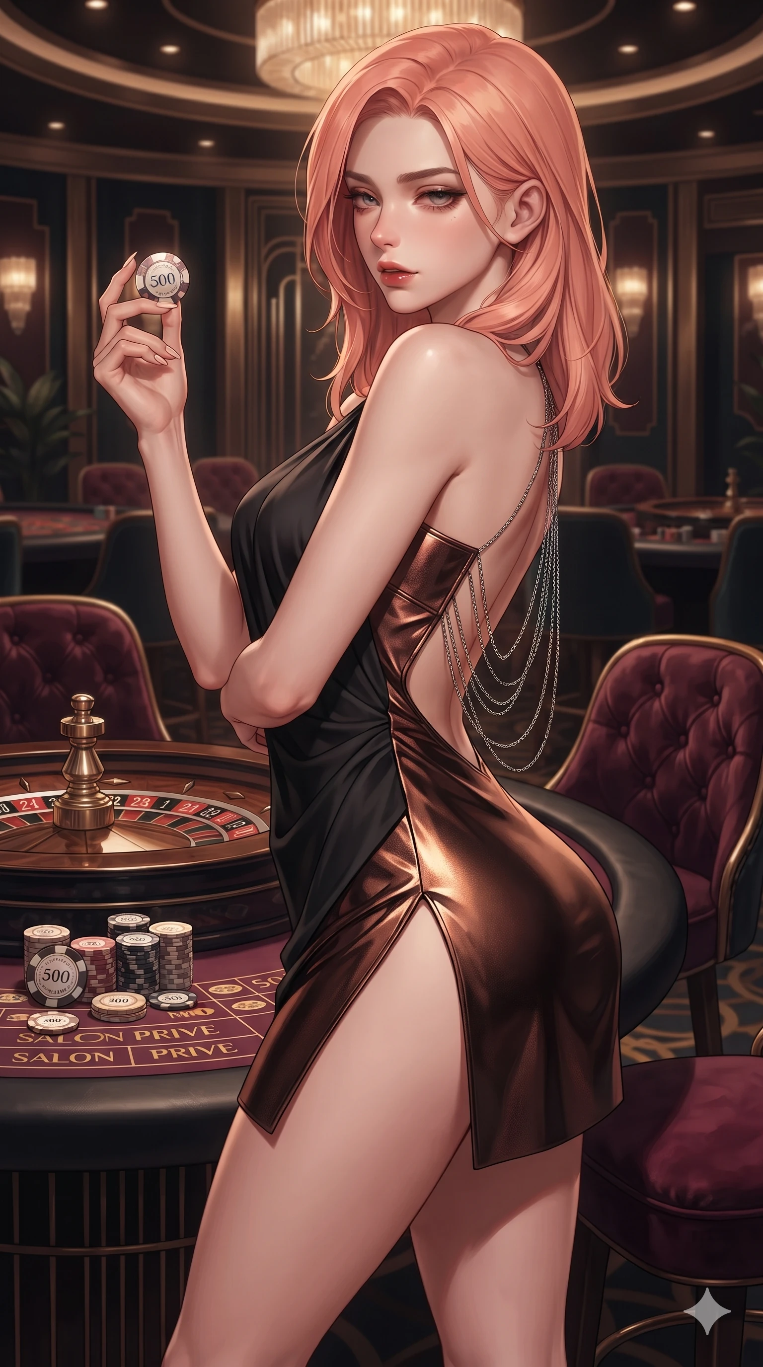 score_9, masterpiece, best quality, ultra-detailed, high-budget anime keyframe, editorial fashion photography, tasteful artistic composition, Japanese woman. close-up cowboy shot from the waist and thighs up, the character dominates the composition, filling the frame with her large presence. twisting her slender torso in a deep contrapposto stance, hips dramatically shifted to accentuate her feminine curves while looking past her shoulder with smoldering bedroom-eyes while glancing over a bare shoulder with parted glossy lips as she toys with a high-denomination casino chip with long manicured fingers. The surrounding environment is rendered in vivid detail and crisp panoramic clarity: sharp roulette wheel brass frets, mother-of-pearl casino chip inlays, and tufted velvet salon chairs in deep focus. She has an exceptionally elegant, slender, and willowy female figure with an ultra-slim waist, flat toned midriff, narrow ribcage, and sculpted feminine hips creating an alluring, slim hourglass silhouette without bulk. sharp v-shaped jawline, high-bridge nose, intricate jewel-like dark sparkling eyes with dangerous depth, thick curled eyelashes, glossy parted lips with a rich wine sheen, smoldering seductive half-smile with bedroom-eyes, exuding effortless superiority and intoxicating dark allure, flawlessly proportioned anatomical accuracy, strict slender model proportions, natural body alignment, perfectly sculpted long slender limbs, ultra-slim waistline, clean dynamic posture without body distortion. wearing an asymmetric one-shoulder metallic patent leather mini dress with a dramatic side slit hugging her hips in dark burnt copper and matte black, tailored from heavy double-faced silk georgette with an exceptionally fluid drape, accented with an open-back drape framed by falling strands of delicate chrome chains, the impeccably tailored cut draping gracefully along her slender figure with aristocratic noir poise. bathed in warm, focused pin-spot lighting over the green gaming tables contrasted with intimate ambient shadows. ultra-reflective glossy finish, specular highlights, rich textural contrasts, high-contrast stereoscopic depth, volumetric dynamic lighting, 2k, ultra detail, master piece, 9:16 ratio