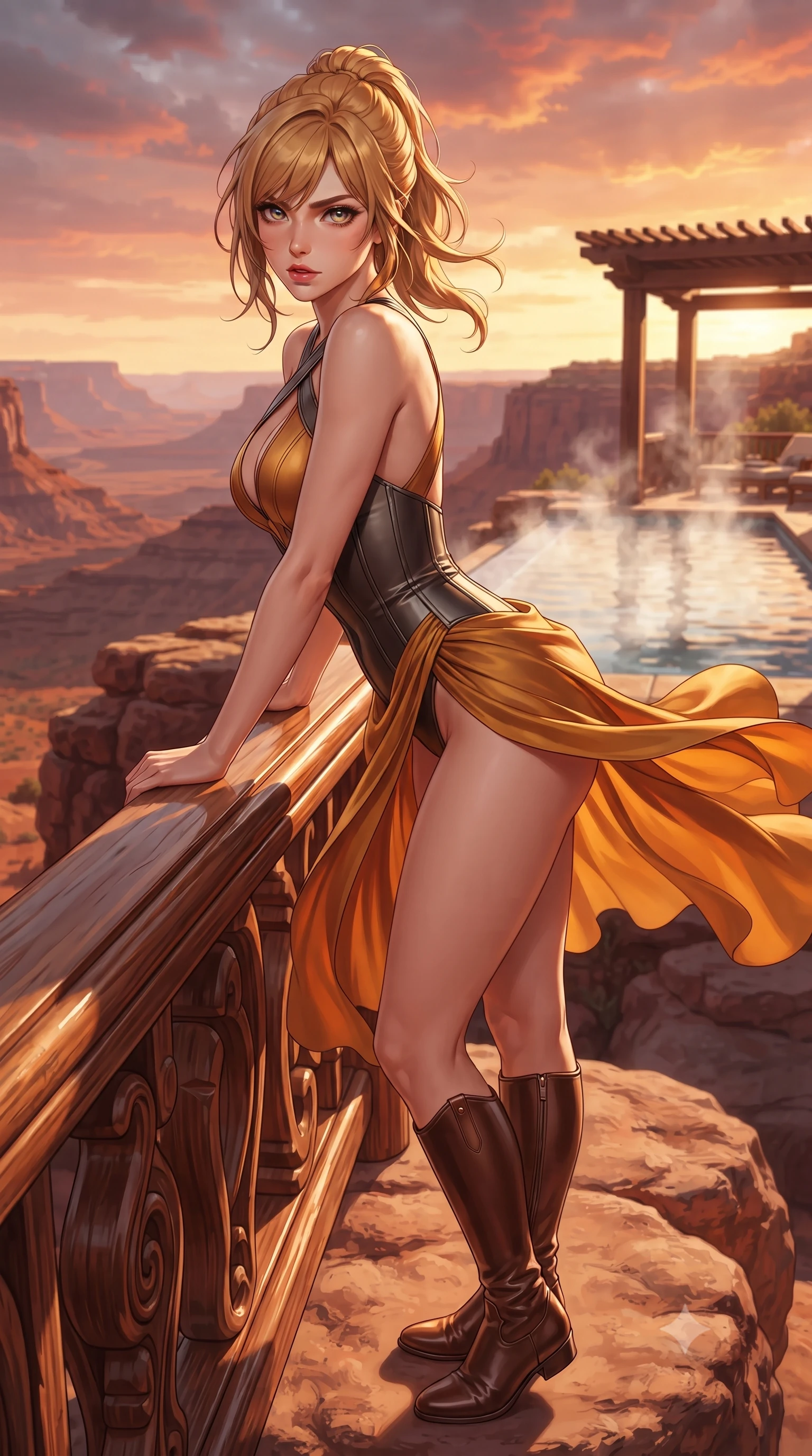score_9, masterpiece, best quality, ultra-detailed, high-budget anime keyframe, editorial fashion photography, tasteful artistic composition, Caucasian woman. close-up cowboy shot from the waist and thighs up, the character dominates the composition, filling the frame with her large presence. leaning forward against the polished railing with her hips cocked back, creating an intoxicating curve from her narrow waist to sculpted hips as she gazes back into the lens while standing poised on the canyon overlook rock ledge, the desert sunset wind fluttering her sheer wrap to reveal her long legs and narrow waist. The composition keeps background elements in soft focus with creamy bokeh. steaming pool water vapors and cedar shading pergolas softened in dreamy Southwestern shallow focus. She has an exceptionally elegant, slender, and willowy female figure with an ultra-slim waist, flat toned midriff, narrow ribcage, and sculpted feminine hips creating an alluring, slim hourglass silhouette without bulk. sharp v-shaped jawline, high-bridge nose, intricate jewel-like eyes with depth, thick eyelashes, glossy parted lips with a natural sheen, intensely captivating and seductive bedroom-eyes expression, flawlessly proportioned anatomical accuracy, strict slender model proportions, natural body alignment, perfectly sculpted long slender limbs, ultra-slim waistline, clean dynamic posture without body distortion. wearing a form-contouring equestrian leather-and-gabardine bodysuit with a deep plunge neckline and riding boots in molten amber-gold and dark gunmetal, made of fluid silk crepe with delicate inner corsetry boning, finished with criss-cross back satin straps highlighting her graceful shoulder blades, the second-skin form-contouring cut accentuating her sculpted flat midriff, narrow delicate ribcage, and gracefully curvy hips with supermodel precision. bathed in blazing crimson and copper sunset backlighting and warm sandstone bounce fill. ultra-reflective glossy finish, specular highlights, rich textural contrasts, high-contrast stereoscopic depth, volumetric dynamic lighting, 2k, ultra detail, master piece, 9:16 ratio