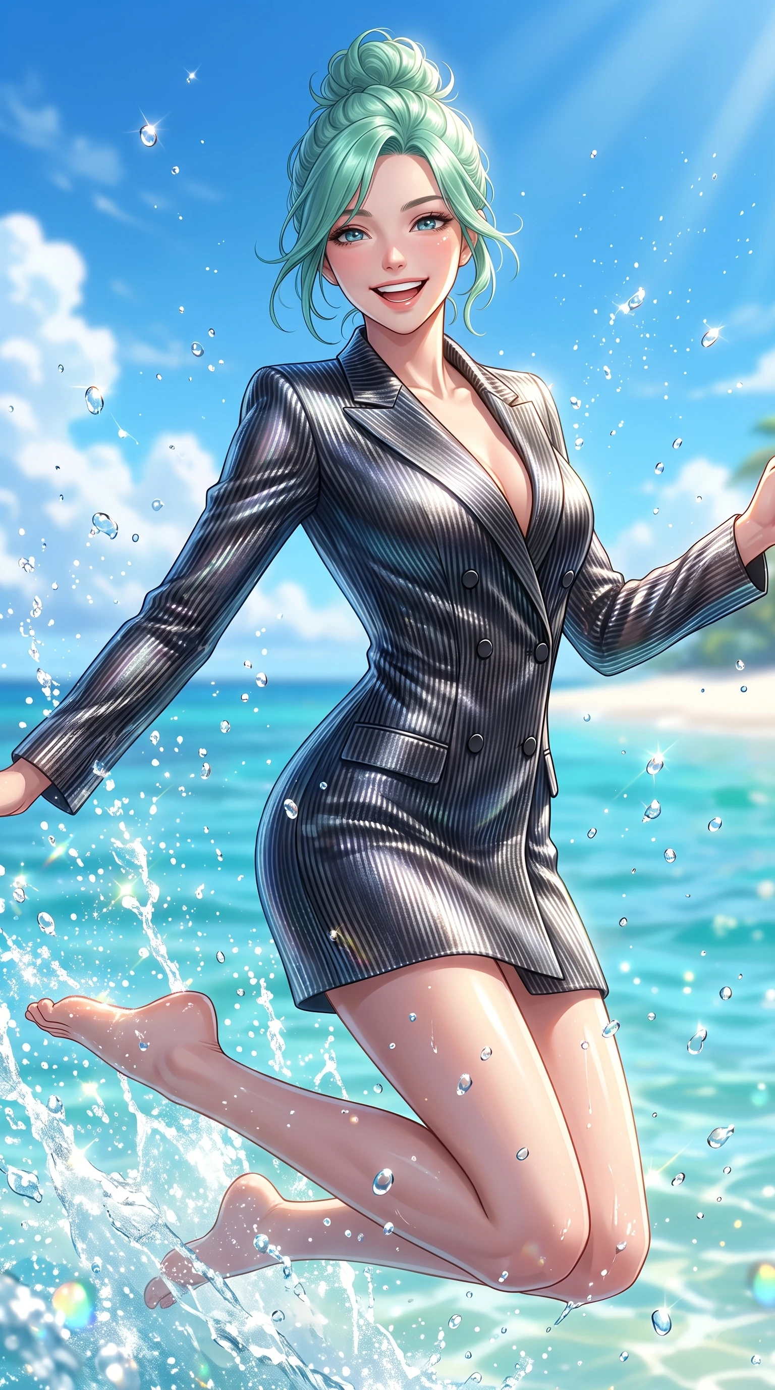 score_9, masterpiece, best quality, ultra-detailed, high-budget anime keyframe, editorial fashion photography, tasteful artistic composition, Japanese woman. close-up cowboy shot from the waist and thighs up, the character dominates the composition, filling the frame with her large presence, background elements kept in soft focus. Radiant bright smile with sparkling eyes directed right into the lens, her torso turning in a dynamic S-curve alignment while leaping with a radiant bright smile into the sparkling sea spray under a clear blue sky, dazzling tropical sunlight scattering sparkling water droplets around her laughing silhouette. She has an exceptionally elegant, slender, and willowy female figure with an ultra-slim waist, a gracefully sculpted slender torso, and a refined silhouette. sharp v-shaped jawline, high-bridge nose, intricate jewel-like eyes with depth, thick eyelashes, glossy lips with a natural sheen, flawlessly proportioned anatomical accuracy, natural body alignment, perfectly sculpted elegant limbs, clean dynamic posture without body distortion. wearing a double-breasted blazer dress with subtle metallic pin-stripes in matte black and polished silver, crafted from iridescent chiffon that shifts colors in the light, accented with a Tasteful chest slit framing her clavicle gracefully, the form-contouring material highlighting her ultra-slim waist and long lines. bathed in brilliant tropical sunshine and glittering ocean water refractions. highly saturated vibrant anime colors, detailed shading with soft gradients, rich glossy textures, high-contrast stereoscopic depth, volumetric dynamic lighting, master piece, 9:16 ratio