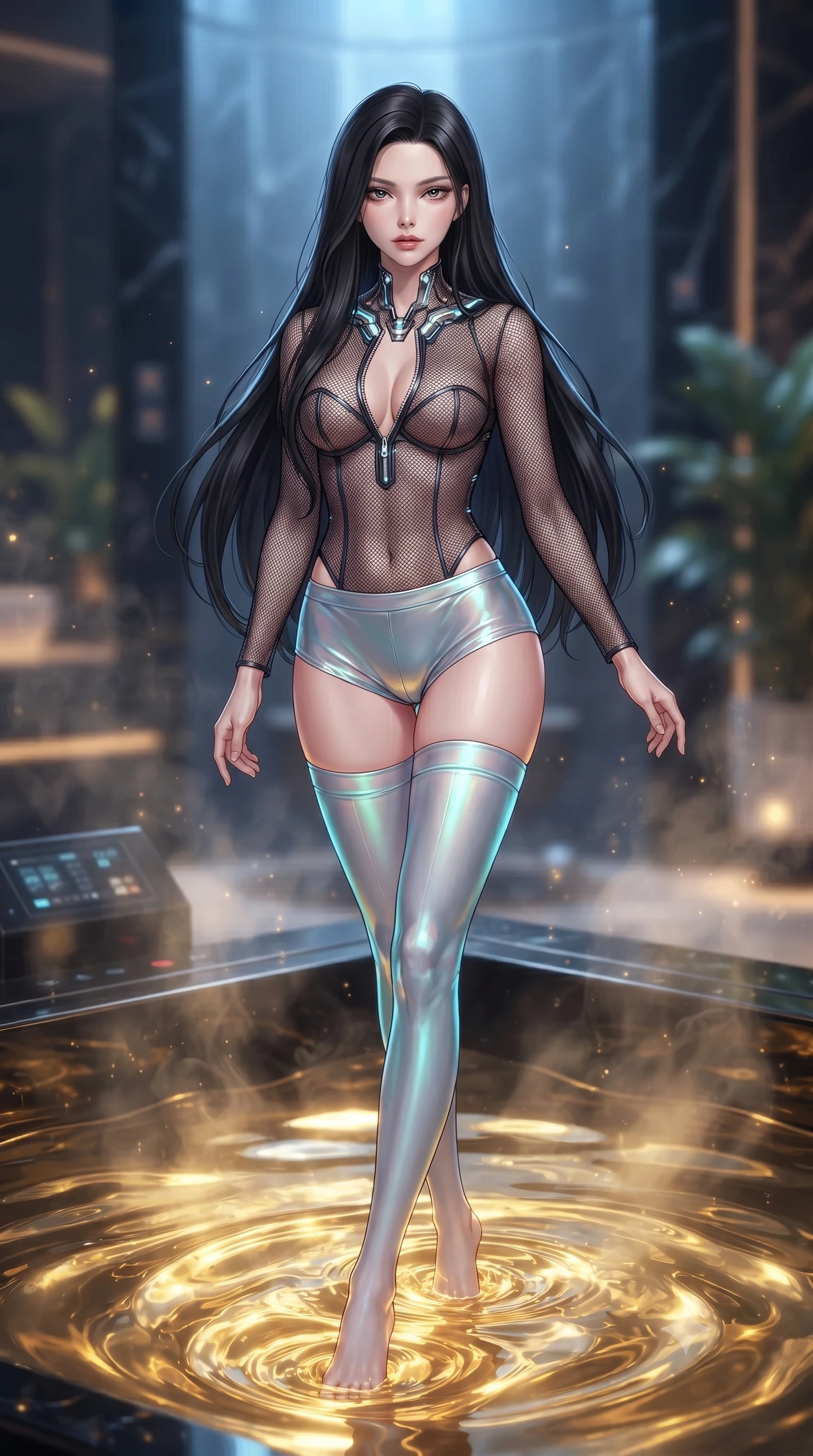 score_9, masterpiece, best quality, ultra-detailed, high-budget anime keyframe, editorial fashion photography, tasteful artistic composition, Korean woman. low angle full-body shot from head to toe showing her feet, filling the entire 9:16 vertical frame with her statuesque presence, stretching her vertical silhouette. pivoting dynamically in mid-motion with a breathtakingly alluring posture, displaying her flawless model proportions and ultra-slim waist while partially submerged in a high-tech obsidian pool filled with glowing liquid gold. The composition keeps background elements in soft focus with creamy bokeh. golden caustics and steam vapors scattering into a dreamy warm backdrop. She has an absolutely perfect, statuesque 8.5-heads proportion, an exceptionally tall and slender model-like female figure with impossibly long slender legs and an ultra-slim waist. sharp v-shaped jawline, high-bridge nose, intricate jewel-like eyes with depth, thick eyelashes, glossy lips with a natural sheen, flawlessly proportioned anatomical accuracy, natural body alignment, perfectly sculpted elegant limbs, clean dynamic posture without body distortion. wearing a delicate see-through dark mesh top with structured cup boning, paired with high-cut micro-shorts and thigh-high stockings in liquid mercury silver and glowing electric cyan, made of smooth iridescent silk chiffon that shifts colors with movement, featuring a dangerously unzipped neckline framed by glowing cybernetic accents, the form-contouring second-skin material highlighting her ultra-slim waist and long lines. illuminated by intense gold caustics from below and cool blue ambient backlighting. ultra-reflective glossy finish, specular highlights, metallic sheen, high-contrast stereoscopic depth, volumetric dynamic lighting, 2k, ultra detail, master piece, 9:16 ratio