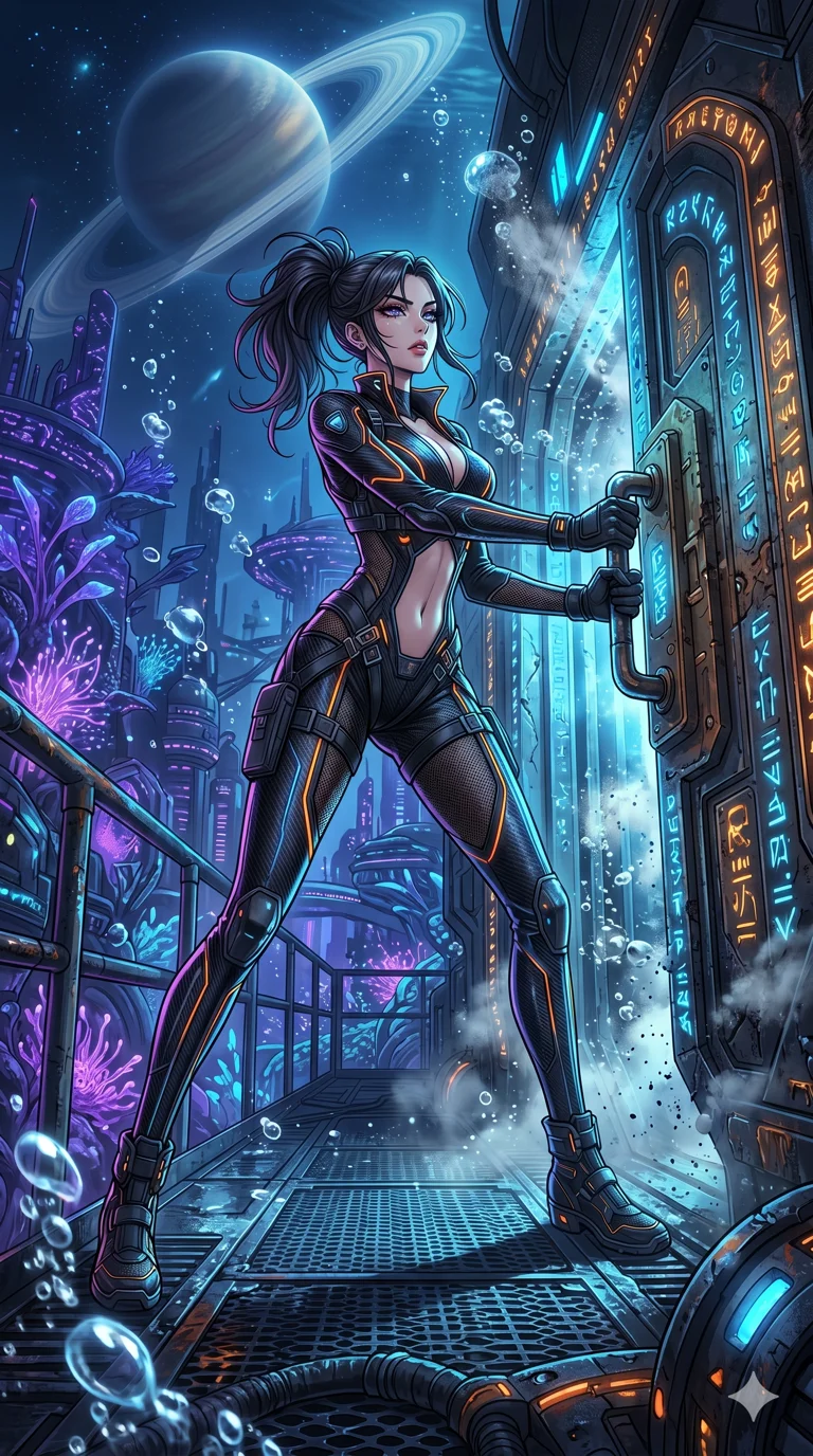 score_9, masterpiece, best quality, ultra-detailed, High-budget Anime Keyframe, vibrant colors, fluid line-art, expressive lighting, cinematic composition, Ufotable-style visual effects, top-tier animation quality, Korean woman with idol-like refined features. Dynamic full-body shot stretching the vertical silhouette, capturing her from a powerful low-angle perspective. Opening a forbidden vault in a submerged underwater city, air bubbles rising as the ancient doors groan open. She has an absolutely perfect 8-heads proportion, an exceptionally tall and slender female figure with impossibly long slender legs and an ultra-slim waist, her statuesque height and towering silhouette dominating the vertical 9:16 frame. Her face is a masterpiece featuring a sharp v-shaped jawline, high-bridge nose, intricate jewel-like eyes with depth, thick eyelashes, and glossy lips with a natural sheen. She is wearing a Sci-fi pilot flight suit with an open collar and strategically placed mesh panels crafted from Carbon-fiber weave with a high-tech matte finish and integrated glowing filaments, with an exposed midriff and a complex harness system that draws the eye. The scene is set in a mysterious alien planet with bioluminescent purple flora and a giant ringed planet in the sky, illuminated by harsh neon light and deep shadows creating a high-contrast noir aesthetic. 2k, ultra detail, master piece, 9:16 ratio