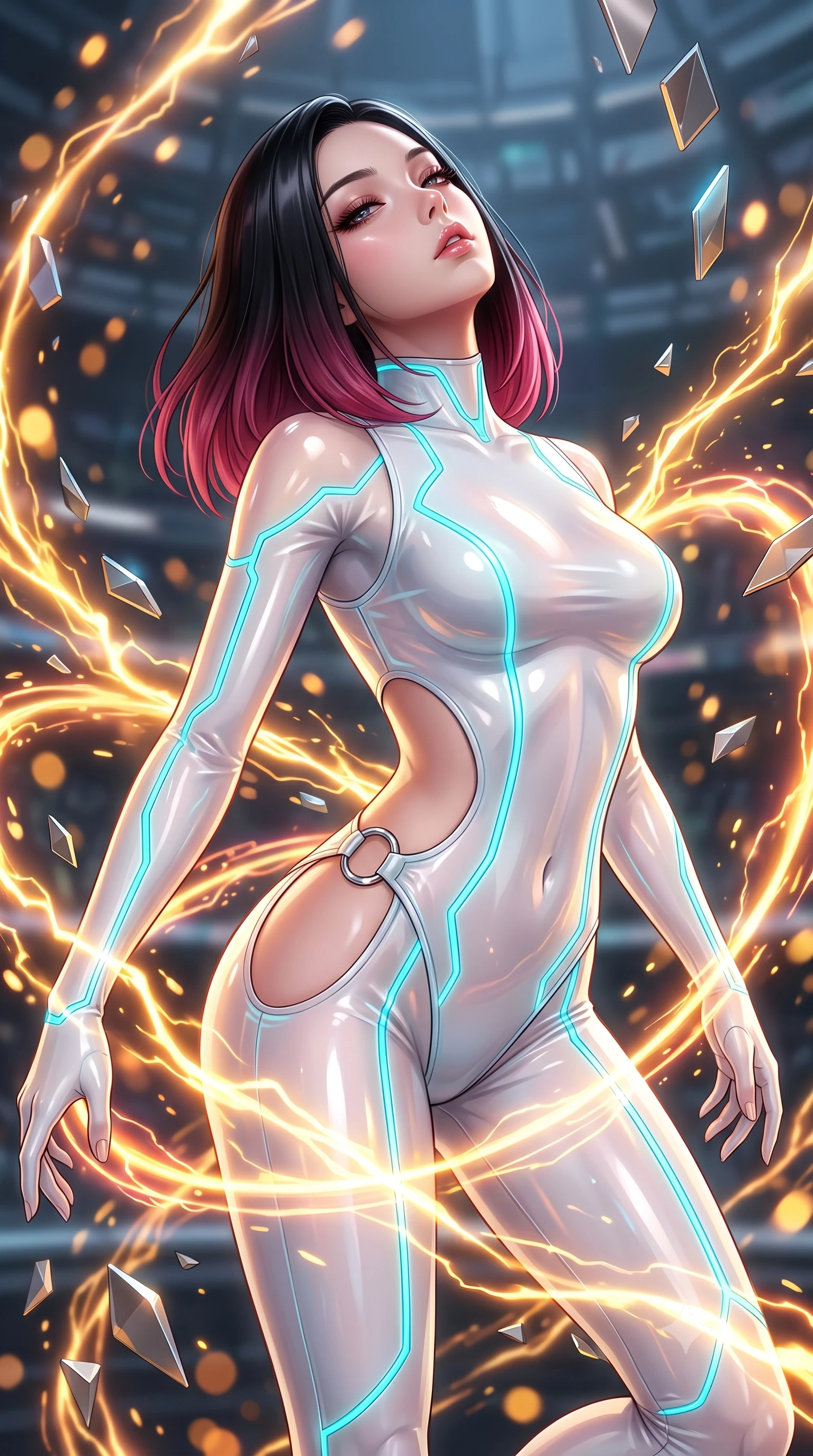 score_9, masterpiece, best quality, ultra-detailed, high-budget anime keyframe, semi-realistic 3D game render, editorial fashion photography, tasteful artistic composition, Korean woman. close-up cowboy shot from the waist and thighs up, the character dominates the composition, filling the frame with her large presence. tilting her head back with a sensual alluring expression, exposing her throat and shoulders to the camera with heavy lashes and softly parted glossy lips while pivoting in mid-air amidst floating geometric alloy shards and pulsating gold energy streams. The composition keeps background elements in soft focus with creamy bokeh. pulsating plasma rings and floating geometric shards blurred into intense golden-orange bokeh. She has an exceptionally elegant, slender, and willowy female figure with an ultra-slim waist, a gracefully sculpted slender torso, and a refined silhouette. sharp v-shaped jawline, high-bridge nose, intricate jewel-like eyes with depth, thick eyelashes, glossy lips with a natural sheen, flawlessly proportioned anatomical accuracy, natural body alignment, perfectly sculpted elegant limbs, clean dynamic posture without body distortion. wearing a skin-tight cybernetic bodysuit with glowing neon seams, deep hip cutouts, and an aerodynamic athletic fit in pure snow white latex and glowing cyan circuit seams, tailored from semi-translucent cybernetic vinyl with glowing micro-filaments, detailed with polished silver rings connecting the daring side-waist cutouts, the form-contouring second-skin material highlighting her ultra-slim waist and long lines. surrounded by a supercharged, high-voltage, and breathtakingly bold sensual aura. highly saturated vibrant anime colors, detailed shading with soft gradients, rich glossy textures, high-contrast stereoscopic depth, volumetric dynamic lighting, master piece, 9:16 ratio