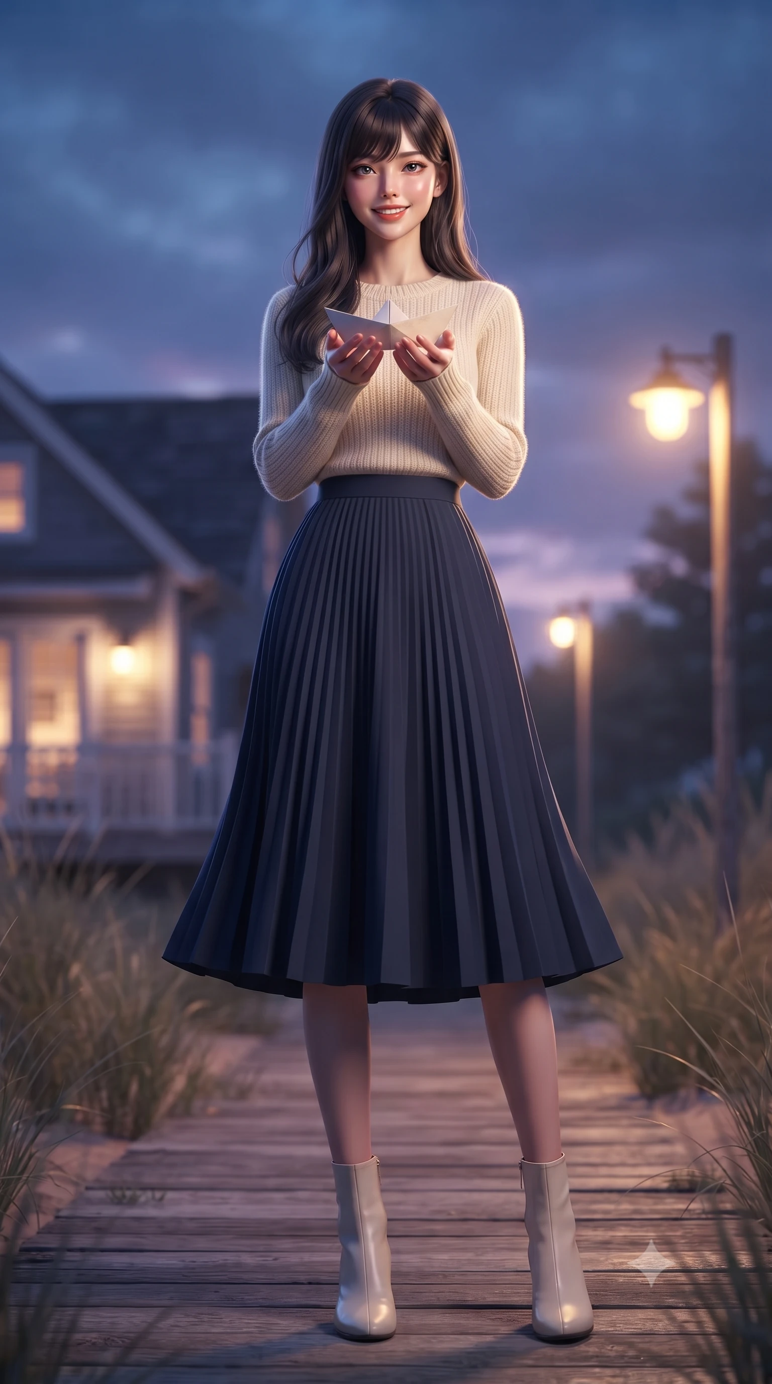 score_9, masterpiece, best quality, ultra-detailed, high-budget anime keyframe, editorial fashion photography, tasteful artistic composition, Korean woman. low angle full-body shot from head to toe showing her feet, filling the entire 9:16 vertical frame with her statuesque presence, stretching her vertical silhouette. standing in a captivating power pose, tilting her chin up with a smoldering, bright expression set against a soft-focus background of on a wooden deck of a lakeside cottage surrounded by beachgrass holding a small paper boat with a delighted smile, ready to float it. She has an absolutely perfect, statuesque 8.5-heads proportion, an exceptionally tall and slender model-like female figure with impossibly long slender legs and an ultra-slim waist. sharp v-shaped jawline, high-bridge nose, intricate jewel-like eyes with depth, thick eyelashes, glossy lips with a natural sheen. wearing slim-fit cozy knit sweater in cream, paired with a flowy pleated midi skirt. cool twilight sky glow contrasting with the warm orange light of streetlamps. ultra-reflective glossy finish, specular highlights, metallic sheen, high-contrast stereoscopic depth, volumetric dynamic lighting, 2k, ultra detail, master piece, 9:16 ratio