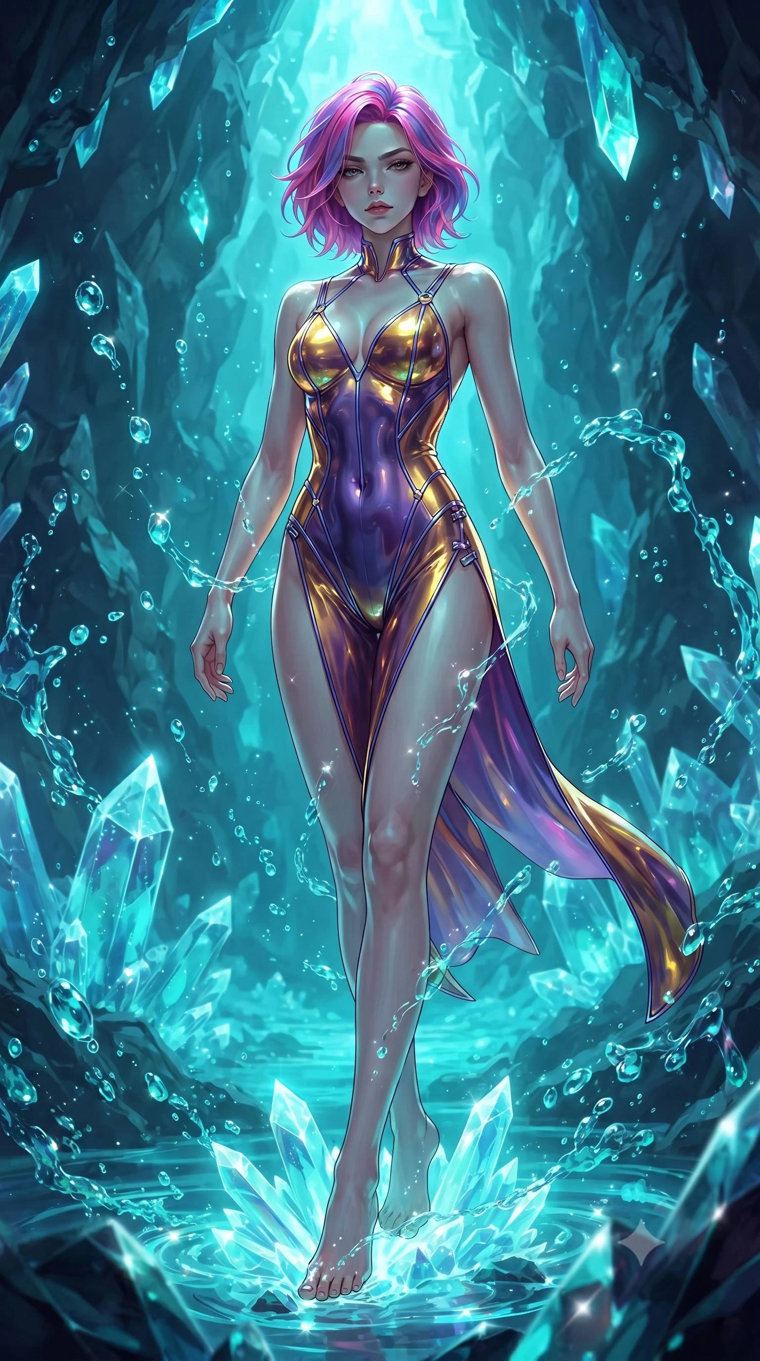 score_9, masterpiece, best quality, ultra-detailed, high-budget anime keyframe, editorial fashion photography, tasteful artistic composition, Caucasian woman. low angle full-body shot from head to toe showing her feet, filling the entire 9:16 vertical frame with her statuesque presence, stretching her vertical silhouette. striding forward in a proud, statuesque motion with a dangerous smolder, her vertical silhouette dominating the frame from head to toe while reclining gracefully on a glowing crystal formation as luminescent water ripples around her limbs. The surrounding environment is rendered in vivid detail and crisp panoramic clarity. sharp crystal facet geometries, splashing bioluminescent water droplets, and dark quartz in deep focus. She has an absolutely perfect, statuesque 8.5-heads proportion, an exceptionally tall and slender model-like female figure with impossibly long slender legs and an ultra-slim waist. sharp v-shaped jawline, high-bridge nose, intricate jewel-like eyes with depth, thick eyelashes, glossy lips with a natural sheen, flawlessly proportioned anatomical accuracy, natural body alignment, perfectly sculpted elegant limbs, clean dynamic posture without body distortion. wearing a liquid chrome micro-bodysuit sculpted tightly to her figure, featuring razor-thin metallic straps and an open back in lustrous molten gold and pure deep violet, tailored from semi-translucent cybernetic vinyl with glowing micro-filaments, finished with an ultra-high side slit secured by miniature magnetic clasps, the sleek aerodynamic cut emphasizing her magnetic presence and alluring physical grace. bathed in intense cyan and turquoise bioluminescent glow and glittering water refractions. ultra-reflective glossy finish, specular highlights, metallic sheen, high-contrast stereoscopic depth, volumetric dynamic lighting, 2k, ultra detail, master piece, 9:16 ratio