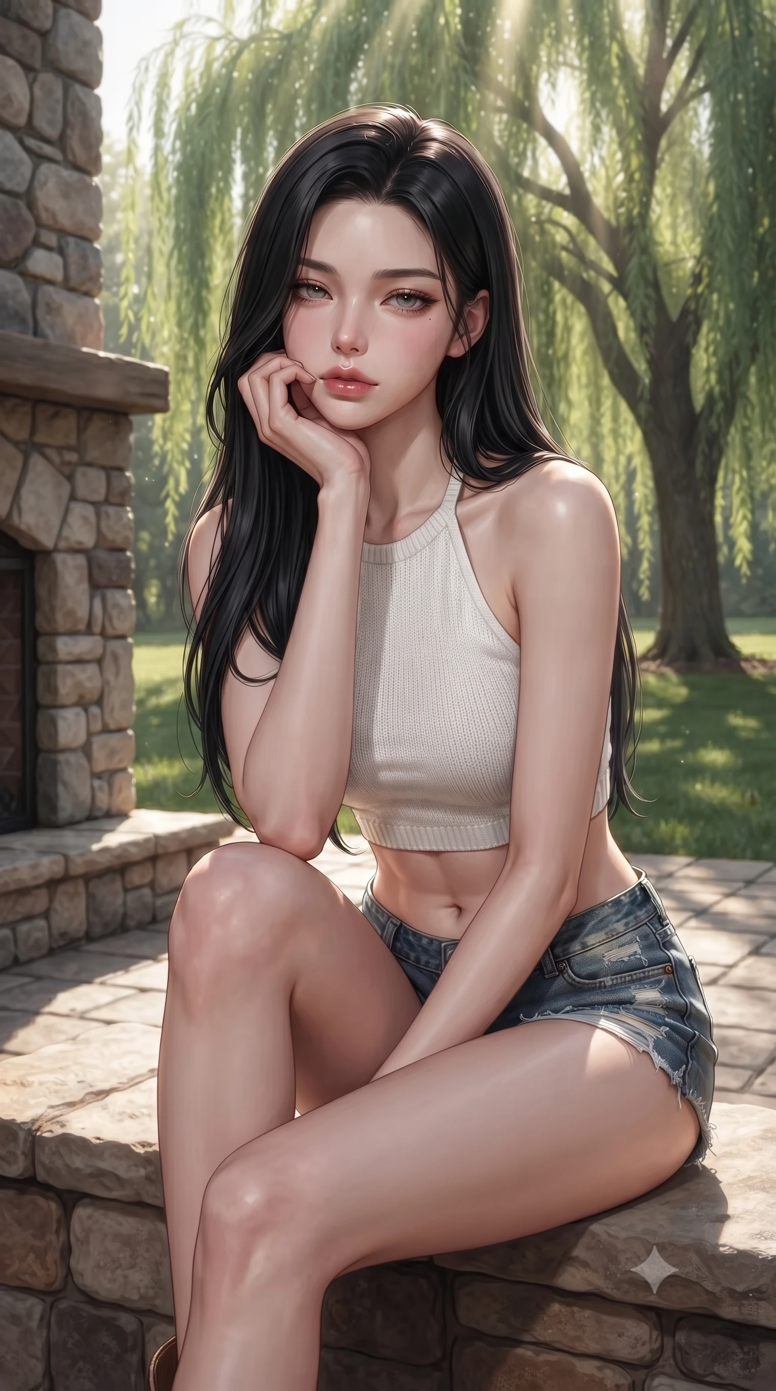 score_9, masterpiece, best quality, ultra-detailed, high-budget anime keyframe, editorial fashion photography, tasteful artistic composition, Korean woman. close-up cowboy shot from the waist and thighs up, the character dominates the composition, filling the frame with her large presence, background elements kept in soft focus. resting her chin on the backs of her fingers, casting a heavy-lidded, sultry look past the camera the background shows a soft-focus a rustic stone fireplace deck under a large weeping willow tree in a private park. She has an exceptionally elegant, slender, and willowy female figure with an ultra-slim waist, a gracefully sculpted slender torso, and a refined silhouette. sharp v-shaped jawline, high-bridge nose, intricate jewel-like eyes with depth, thick eyelashes, glossy lips with a natural sheen. wearing a tailored chic knit halter crop top paired with denim micro-shorts, showing her delicately sculpted midriff. dappled sunbeams filtering through the willow leaves onto the grass. ultra-reflective glossy finish, specular highlights, metallic sheen, high-contrast stereoscopic depth, volumetric dynamic lighting, 2k, ultra detail, master piece, 9:16 ratio