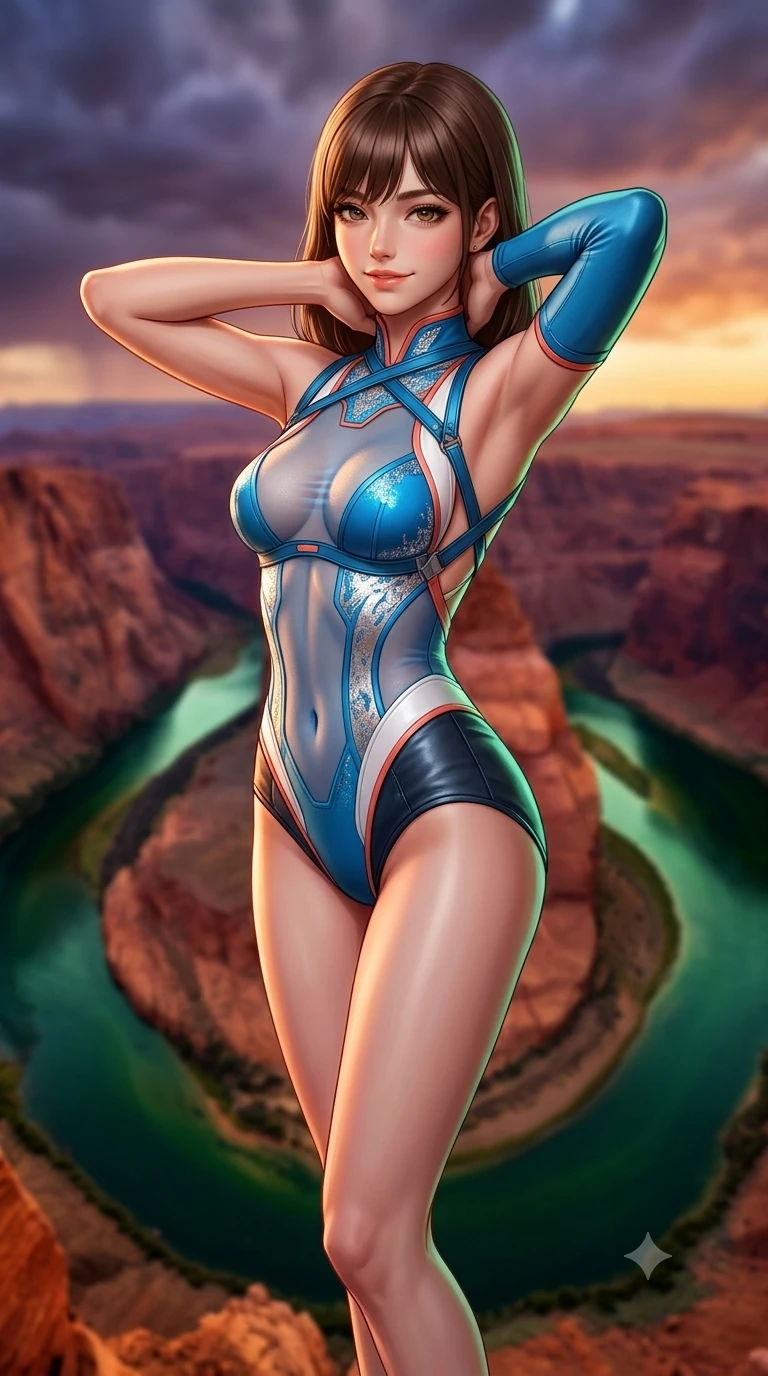 score_9, masterpiece, best quality, ultra-detailed, high-budget anime keyframe, semi-realistic 3D game render, editorial fashion photography, tasteful artistic composition, Korean woman. close-up cowboy shot from the waist and thighs up, the character dominates the composition, filling the frame with her large presence. resting both hands lightly behind her neck with elbows raised, arching her spine to highlight her narrow waist, flat midriff, and breathtaking collarbones while standing poised inches from the sheer 1000-foot sandstone cliff drop, arching her lower back with sovereign supermodel grace as the emerald river loops majestically below. The background shows a soft-focus the vast labyrinth of canyon chasms, snaking river miles below, and distant storm clouds blurred into purple, terracotta, and amber bokeh. She has an exceptionally elegant, slender, and willowy female figure with an ultra-slim waist, flat toned midriff, narrow ribcage, and sculpted feminine hips creating an alluring, slim hourglass silhouette without bulk. sharp v-shaped jawline, high-bridge nose, sparkling eyes with hypnotic seductive depth, thick curled eyelashes, glossy parted lips with a natural dewy peach sheen, alluring bedroom-eyes with an enchanting coquettish smile, exuding magnetic siren charisma and sophisticated glamour, flawlessly proportioned anatomical accuracy, strict slender model proportions, natural body alignment, perfectly sculpted long slender limbs, ultra-slim waistline, clean dynamic posture without body distortion. wearing a provocative sheer-illusion nanotech lace bodysuit with strategic metallic foil flocking and high-cut leg openings in Mediterranean cerulean blue and optic white with coral trims, tailored from buttery-soft glove lambskin leather clinging smoothly to her narrow waist and rounded hips, featuring an open-back criss-cross harness strap in dark leather, the precision-cut side openings and low-back scoop framing her graceful spine and the sensual sweep of her slim, toned hips. illuminated by red rock canyon bounce and sharp emerald-terracotta rim lights sculpting her razor-sharp jawline, narrow waist, and curvy hips. highly saturated vibrant anime colors, detailed shading with soft gradients, rich glossy textures, high-contrast stereoscopic depth, volumetric dynamic lighting, master piece, 9:16 ratio