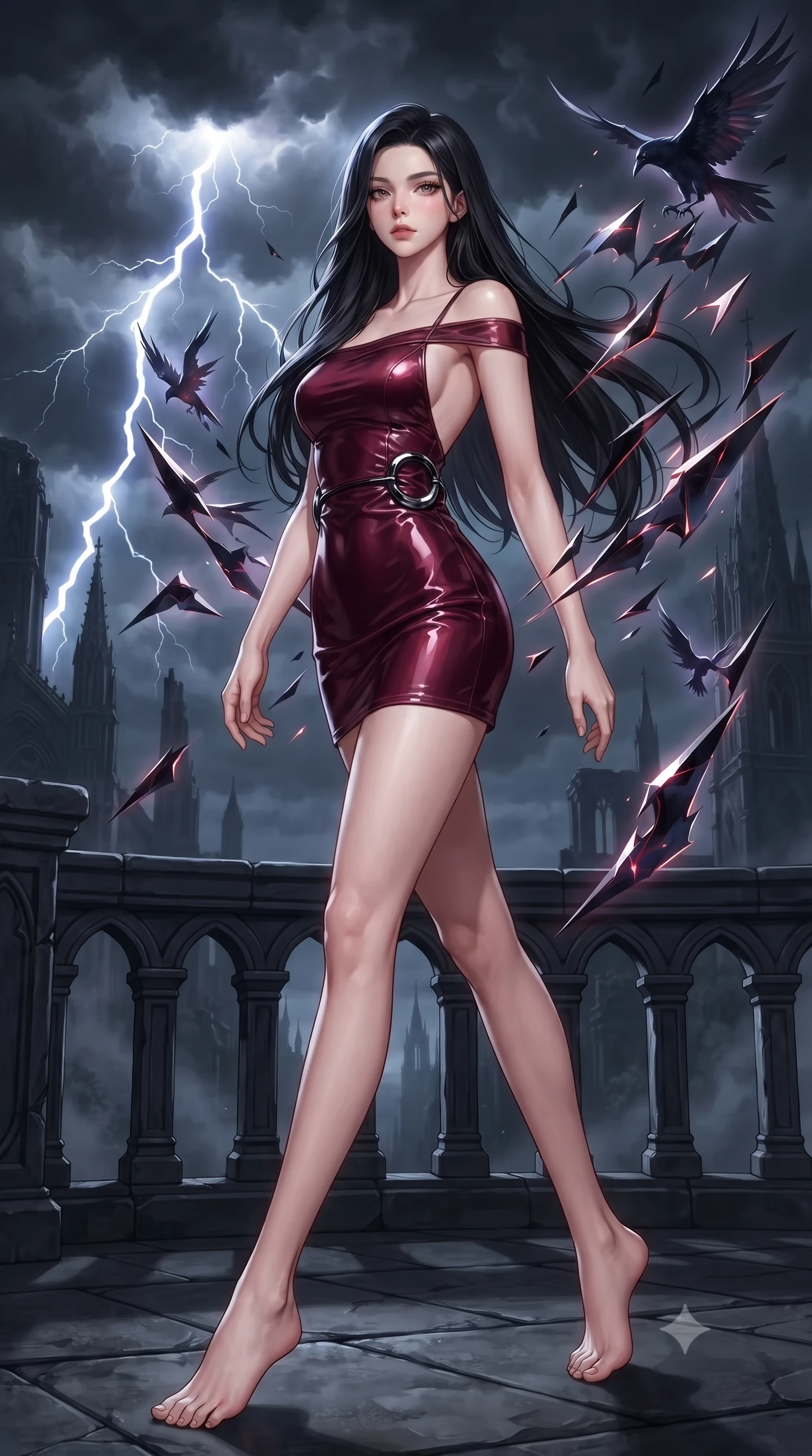 score_9, masterpiece, best quality, ultra-detailed, high-budget anime keyframe, editorial fashion photography, tasteful artistic composition, Korean woman. low angle full-body shot from head to toe showing her feet, filling the entire 9:16 vertical frame with her statuesque presence, stretching her vertical silhouette. navigating the midnight sanctuary with an effortless, graceful stride, standing on a dark gothic stone balcony overlooking a stormy midnight countryside, dramatic lightning flashes illuminating dark thunderclouds in the background. She has an absolutely perfect, statuesque 8.5-heads proportion, an exceptionally tall and slender model-like female figure with impossibly long slender legs and an ultra-slim waist. sharp v-shaped jawline, high-bridge nose, intricate jewel-like eyes with depth, thick eyelashes, glossy lips with a natural sheen. wearing backless liquid vinyl mini slip dress with bare shoulder neckline in deep crimson burgundy, made of polished black leather, accented with sculpted obsidian chrome rings at the waist, following her slender form with tailored precision. surrounded by a mysterious gothic raven aura with sharp edge lighting. highly saturated vibrant anime colors, detailed shading with soft gradients, rich glossy textures, high-contrast stereoscopic depth, volumetric dynamic lighting, master piece, 9:16 ratio