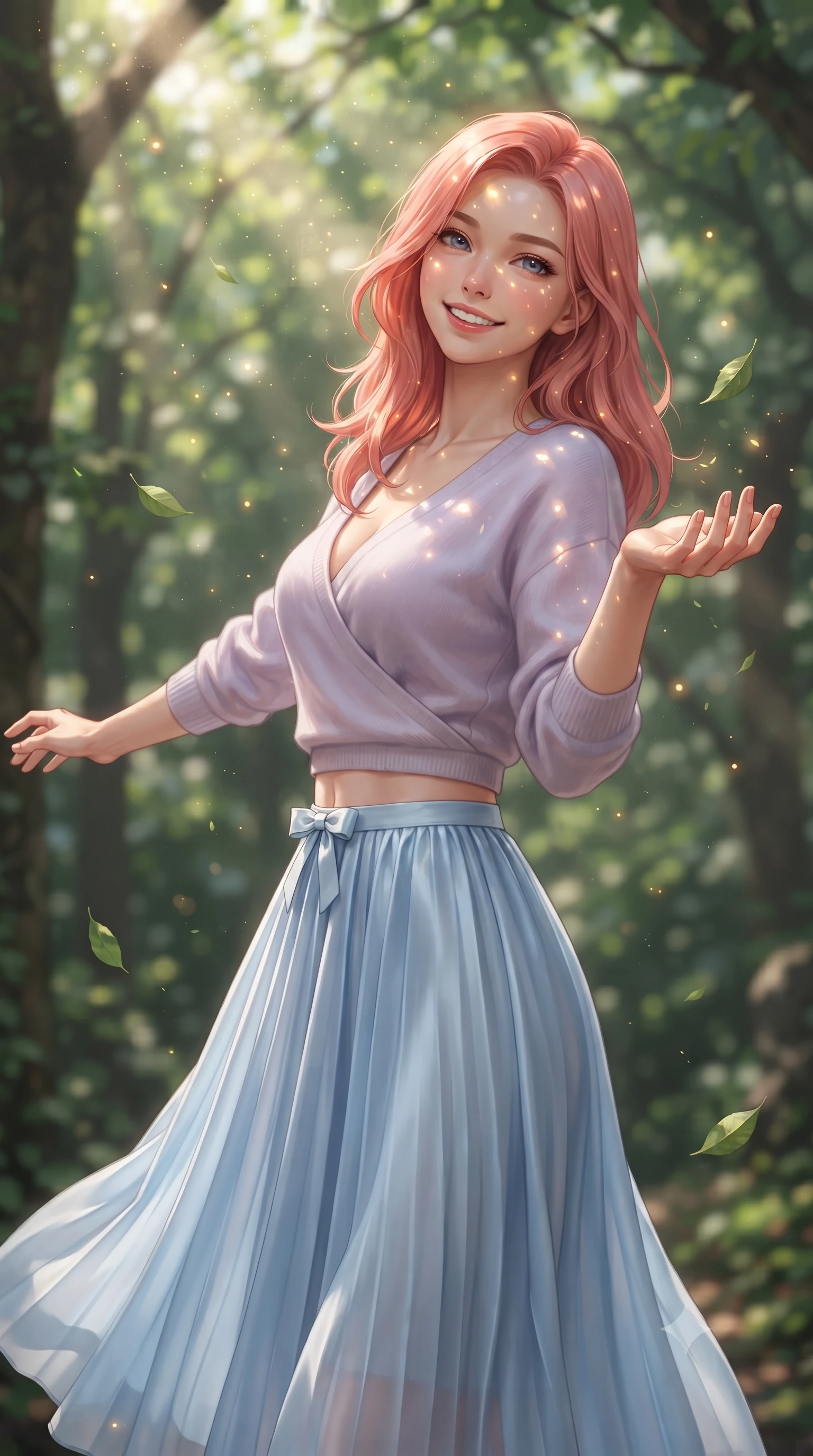score_9, masterpiece, best quality, ultra-detailed, high-budget anime keyframe, editorial fashion photography, tasteful artistic composition, Japanese woman. close-up cowboy shot from the waist and thighs up, the character dominates the composition, filling the frame with her large presence. extending one arm gracefully toward the scenery while turning back with an infectious, heartwarming smile while catching dancing sunbeams and falling green leaves with cupped hands in a joyful, dynamic pose. The composition keeps background elements in soft focus with creamy bokeh. dappled sunbeams filtering through tree leaves scattering celestial golden light motes. She has an exceptionally elegant, slender, and willowy female figure with an ultra-slim waist, a gracefully sculpted slender torso, toned flat midriff, and a refined slim silhouette. sharp v-shaped jawline, high-bridge nose, intricate jewel-like eyes with depth, thick eyelashes, glossy lips with a natural sheen, pure and lovely fresh girlhood expression, flawlessly proportioned anatomical accuracy, strict slender model proportions, natural body alignment, perfectly sculpted long slender limbs, ultra-slim waistline, clean dynamic posture without body distortion. wearing an elegant soft cashmere wrap sweater paired with a flowing pleated satin midi skirt in soft pastel lavender and delicate sky blue, made of fine lightweight chiffon with a soft fluid drape, accented with a dainty ribbon bow at the waistline, the chic real-way fashion cut emphasizing her effortless charm, flat midriff, and slender model proportions. illuminated by soft natural dappled forest light creating playful sun patterns across her face and dress. ultra-reflective glossy finish, specular highlights, rich natural textures, high-contrast stereoscopic depth, volumetric dynamic lighting, 2k, ultra detail, master piece, 9:16 ratio