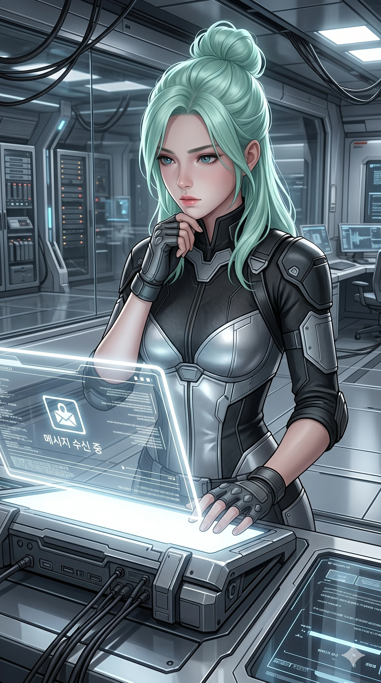 score_9, masterpiece, best quality, ultra-detailed, high-budget anime keyframe, semi-realistic 3D game render, Japanese woman. Upper body close-up from the thighs up, character filling the screen for maximum presence. Inside a space station communication room, receiving a message, listening to the message with a focused, serious expression. She is wearing a sharp tech-uniform shirt over a structured silver bodice and pants. The scene is illuminated by the bright white glow of the communication terminal. 2k, ultra detail, master piece, 9:16 ratio