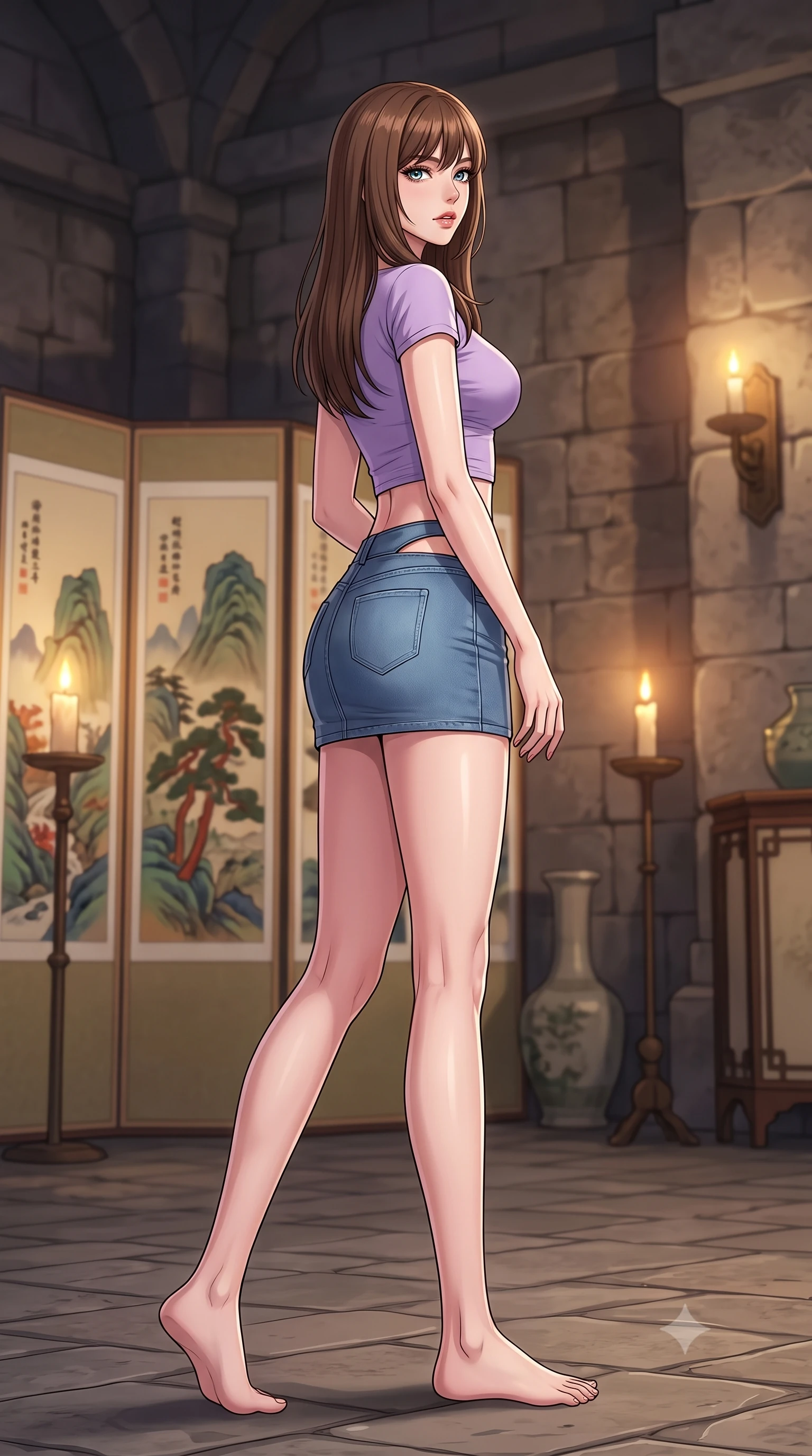 score_9, masterpiece, best quality, ultra-detailed, high-budget anime keyframe, tasteful artistic composition, Korean woman. low angle full-body shot from head to toe showing her feet, filling the entire 9:16 vertical frame with her statuesque presence, stretching her vertical silhouette. stepping gracefully while looking back over her shoulder, her dress draped tightly to reveal her silhouette the background shows a soft-focus an old castle chamber with decorative screen paintings and candle stands. She has an absolutely perfect, statuesque 8.5-heads proportion, an exceptionally tall and slender model-like female figure with impossibly long slender legs and an ultra-slim waist. sharp v-shaped jawline, high-bridge nose, intricate jewel-like eyes with depth, thick eyelashes, glossy lips with a natural sheen. wearing a body-hugging modern crop top in lavender cotton paired with a low-rise denim skirt and a subtle waist cut-out. warm flickering candle lights casting dramatic shadows on the stone walls. highly saturated vibrant anime colors, cel-shading, 2d style, master piece, 9:16 ratio
