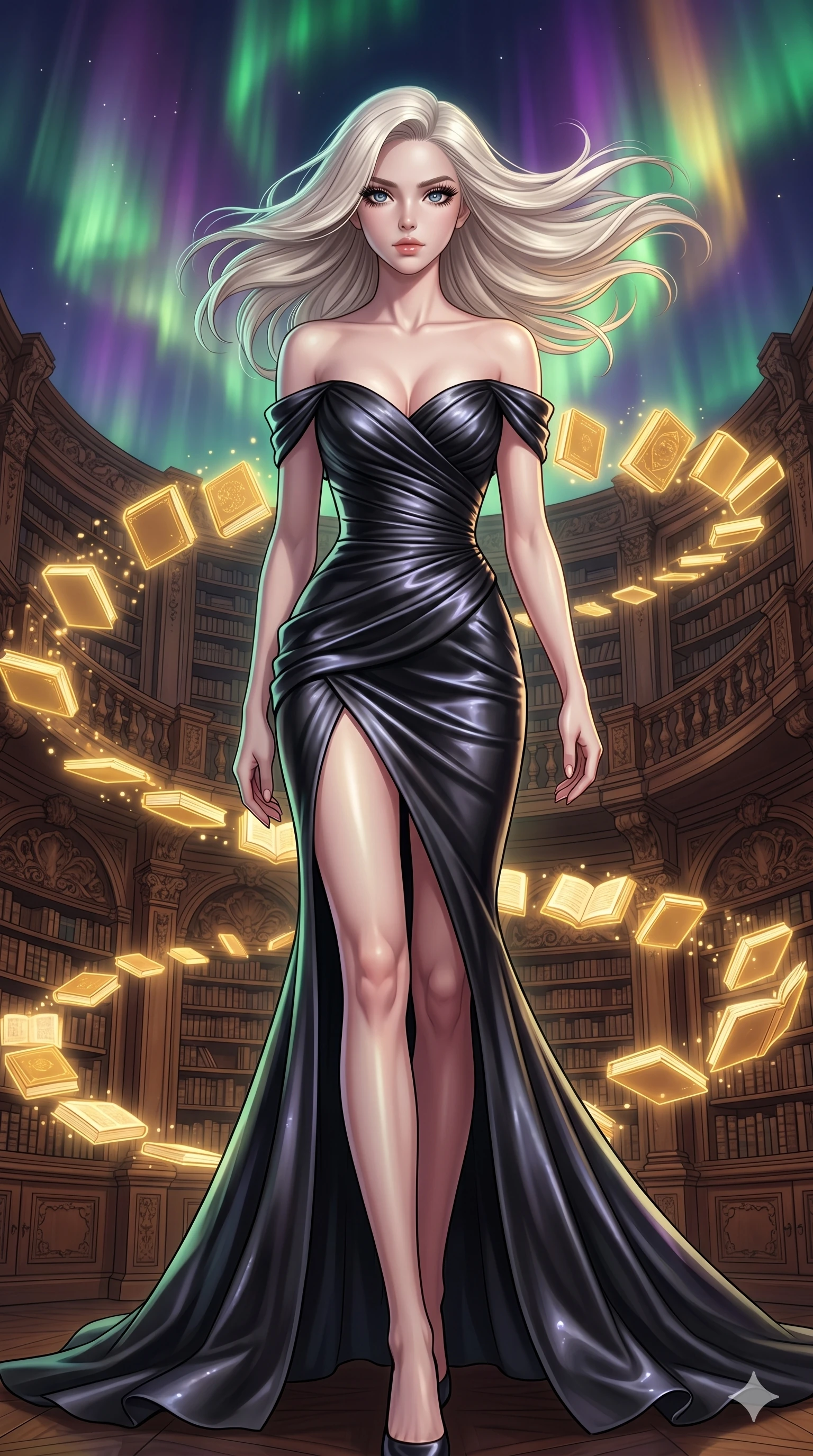 score_9, masterpiece, best quality, ultra-detailed, high-budget anime keyframe, editorial fashion photography, tasteful artistic composition, Korean woman. low angle full-body shot from head to toe showing her feet, filling the entire 9:16 vertical frame with her statuesque presence, stretching her vertical silhouette. Walking in slow-motion with dramatic hair movement behind her amidst a baroque library where glowing golden books orbit in slow spiral patterns. She has an absolutely perfect 8-heads proportion, an exceptionally tall and slender female figure with impossibly long slender legs and an ultra-slim waist. V-shaped jawline, high-bridge nose, intricate jewel-like eyes with depth, thick eyelashes, glossy lips with a natural sheen. wearing an off-shoulder fitted mermaid gown in black pearl satin with sculptural ruched bodice, dramatic hip emphasis, and a fluted fishtail hem with a daring high front slit. illuminated by a shifting aurora palette of green, violet, and gold from above, wrapping her in color. 2k, ultra detail, master piece, 9:16 ratio