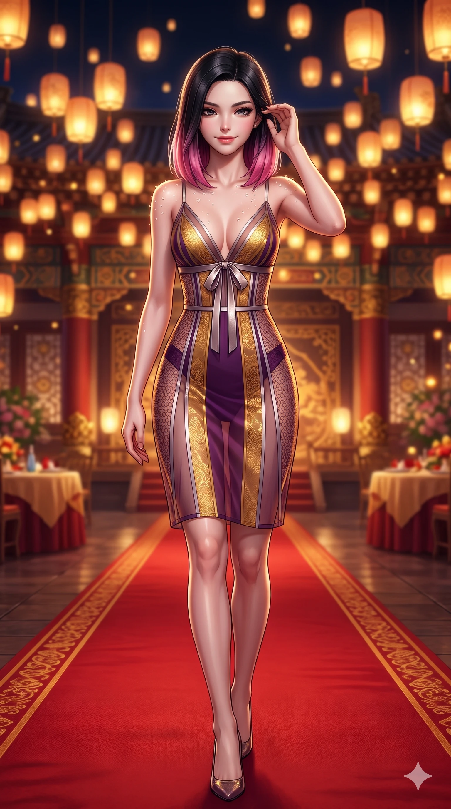 score_9, masterpiece, best quality, ultra-detailed, high-budget anime keyframe, semi-realistic 3D game render, editorial fashion photography, tasteful artistic composition, Korean woman. close-up cowboy shot from the waist and thighs up, the character dominates the composition, filling the frame with her large presence. gently brushing a lock of silk hair behind her ear while casting a playful, flirtatious side-gaze with long eyelashes while striding gracefully down the central silk runner with sovereign feline poise, her long slender legs and curvy hips commanding the imperial palace. The background shows a soft-focus opulent royal palace banquet hall softened in festive nocturnal shallow focus. She has an exceptionally elegant, slender, and willowy female figure with an ultra-slim waist, flat toned midriff, narrow ribcage, and sculpted feminine hips creating an alluring, slim hourglass silhouette without bulk. sharp v-shaped jawline, high-bridge nose, sparkling eyes with hypnotic seductive depth, thick curled eyelashes, glossy parted lips with a natural dewy peach sheen, alluring bedroom-eyes with an enchanting coquettish smile, exuding magnetic siren charisma and sophisticated glamour, flawlessly proportioned anatomical accuracy, strict slender model proportions, natural body alignment, perfectly sculpted long slender limbs, ultra-slim waistline, clean dynamic posture without body distortion. wearing a plunge-front sheer illusion tulle slip dress with liquid platinum ribbon stripes and silk otgoreum ties hugging her curves in imperial gold and royal plum purple, made of delicate semi-sheer nanotech mesh with airy hexagonal open-weaves, finished with glistening drops of night dew beading across her sculpted shoulders and flat midriff, the glove-like clinging cut tightly following the natural contour of her hips and long slender legs with youthful 8.5-heads elegance. bathed in the warm, glorious amber glow of hundreds of floating silk lanterns casting flattering dimensional illumination. highly saturated vibrant anime colors, detailed shading with soft gradients, rich glossy textures, high-contrast stereoscopic depth, volumetric dynamic lighting, master piece, 9:16 ratio
