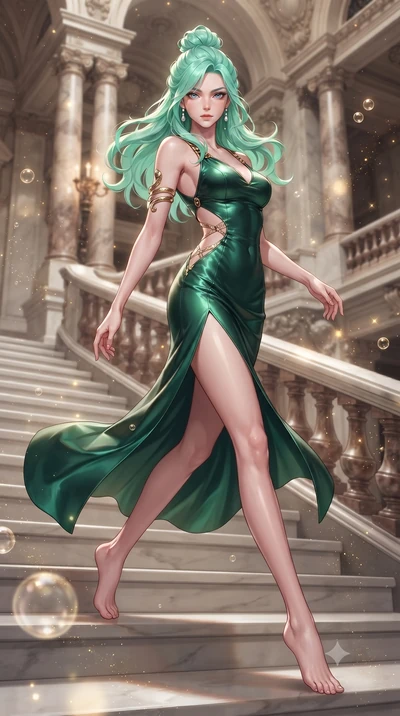 score_9, masterpiece, best quality, ultra-detailed, high-budget anime keyframe, editorial fashion photography, tasteful artistic composition, Japanese woman. low angle full-body shot from head to toe showing her feet, filling the entire 9:16 vertical