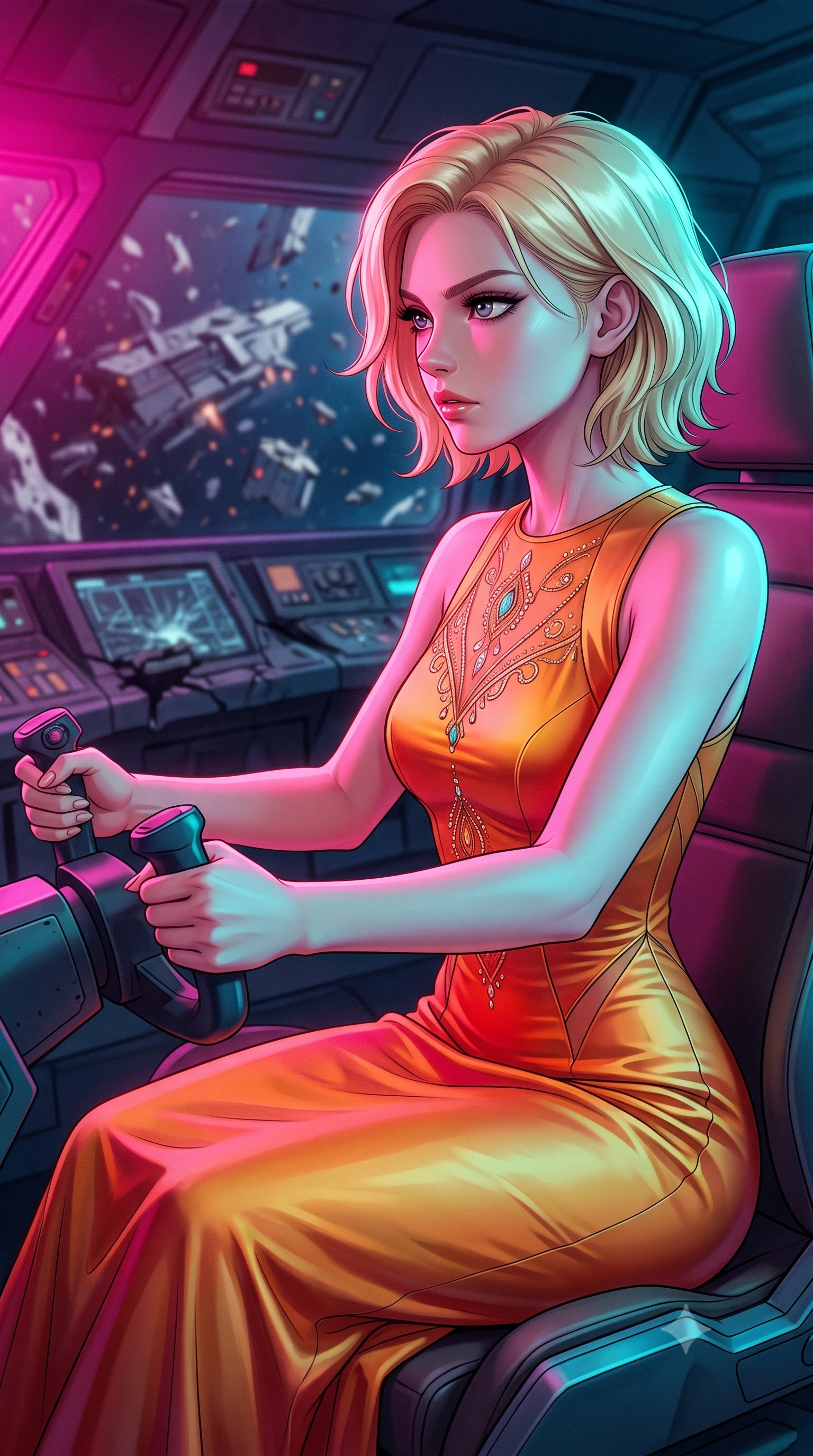 score_9, masterpiece, best quality, ultra-detailed, high-budget anime keyframe, editorial fashion photography, tasteful artistic composition, Caucasian woman, strictly human ears. close-up cowboy shot from the waist and thighs up, the character dominates the composition, filling the frame with her large presence, background elements kept in soft focus. Piloting a starfighter through a tight asteroid gap, hands tight on the flight yoke, looking sharply left. set against a soft-focus background of the bridge of a destroyed capital ship floating in space, control panels smashed and viewscreen showing a battlefield of ship debris. She has an exceptionally elegant and slender, willowy female figure with an ultra-slim waist, a gracefully sculpted slender torso, and a refined slim physique. sharp v-shaped jawline, high-bridge nose, intricate jewel-like eyes with depth, thick eyelashes, glossy lips with a natural sheen. wearing tailored for maximum mobility, sleek form-contouring panels that allow fluid movement, a form-contouring liquid silk charmeuse gown in a sunset gradient of orange and gold, clinging and pooling along her tall, slender silhouette. highly saturated vibrant anime colors, intense vivid color palette, soft 3D volumetric shading, volumetric dynamic lighting, dual-tone lighting with hot magenta from the left and cool cyan from the right. 2k, ultra detail, master piece, 9:16 ratio