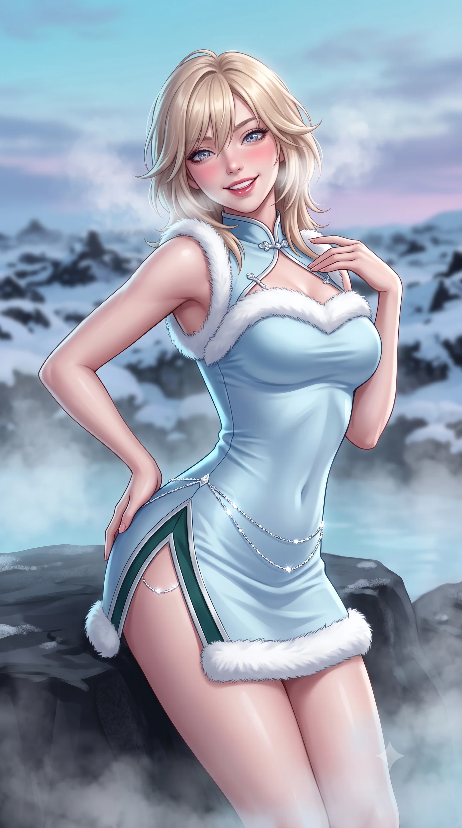 score_9, masterpiece, best quality, ultra-detailed, high-budget anime keyframe, semi-realistic 3D game render, editorial fashion photography, tasteful artistic composition, Japanese woman. close-up cowboy shot from the waist and thighs up, the character dominates the composition, filling the frame with her large presence. tilting her head with a cute beaming smile while arching her spine with effortless dancer poise, one hand sliding along her hip line in a flirtatious S-curve while leaning against a smooth volcanic basalt rock ledge with hips cocked back, casting a smoldering bedroom-gaze through thick mineral steam. The composition keeps background elements in soft focus with dreamy creamy bokeh. endless jagged snow-covered black lava fields and soft Arctic pastel winter twilight blurred into cyan, charcoal, and lavender bokeh. She has an exceptionally elegant, slender, and willowy female figure with an ultra-slim waist, flat toned midriff, narrow ribcage, and sculpted feminine hips creating an alluring, slim hourglass silhouette without bulk. sharp v-shaped jawline, high-bridge nose, sparkling ice-crystal eyes with depth, frosty thick lashes, glossy parted lips with a rosy berry sheen, bright playful smile with an intoxicating seductive glint, rosy flushed cheeks radiating cozy warmth and dangerous allure, flawlessly proportioned anatomical accuracy, strict slender model proportions, natural body alignment, perfectly sculpted long slender limbs, ultra-slim waistline, clean dynamic posture without body distortion. wearing a modern cute winter qipao mini dress in frost-blue silk with white fur trim and side hip slits in deep spruce green and frosted silver, made of supple second-skin thermal stretch jersey clinging flawlessly to her form, accented with a delicate crystal body chain catching the snowy ambient light, the liquid-tight tailored fabric clinging flawlessly to her narrow waist and rounded feminine hips, emphasizing every millimeter of her sculpted slim hourglass curves without any bulky heaviness. illuminated by milky-cyan water bounce fill and sharp silver rim lights sculpting her razor-sharp jawline, narrow waist, and curvy hips. highly saturated vibrant anime colors, detailed shading with soft gradients, rich glossy textures, high-contrast stereoscopic depth, volumetric dynamic lighting, master piece, 9:16 ratio