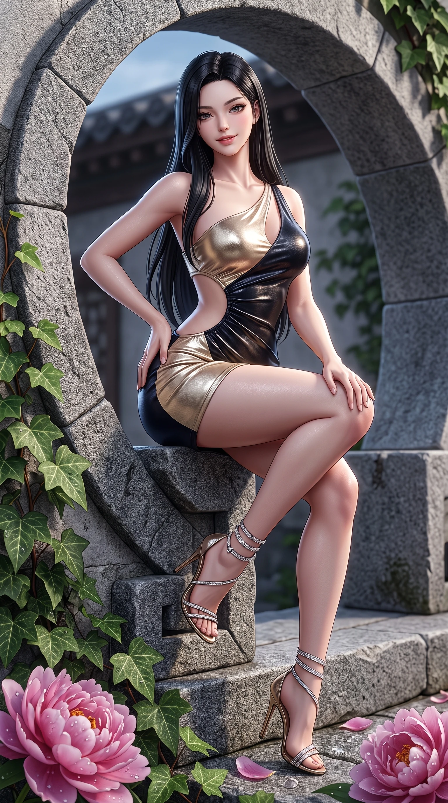 score_9, masterpiece, best quality, ultra-detailed, high-budget anime keyframe, semi-realistic 3D game render, editorial fashion photography, tasteful artistic composition, Korean woman. close-up cowboy shot from the waist and thighs up, the character dominates the composition, filling the frame with her large presence. tilting her head with a teasing half-smile, running one hand slowly down the side of her hip in a flirtatious S-curve as ambient light caresses her silhouette while perched sideways on the moon gate threshold with legs crossed, one hand resting on the stone with effortless high-society poise. The surrounding environment is rendered in vivid detail and crisp panoramic clarity: sharp cut-granite stone arch textures, wild peony petal dew droplets, and ivy leaf veins in deep focus. She has an exceptionally elegant, slender, and willowy female figure with an ultra-slim waist, flat toned midriff, narrow ribcage, and sculpted feminine hips creating an alluring, slim hourglass silhouette without bulk. sharp v-shaped jawline, high-bridge nose, sparkling eyes with hypnotic seductive depth, thick curled eyelashes, glossy parted lips with a natural dewy peach sheen, alluring bedroom-eyes with an enchanting coquettish smile, exuding magnetic siren charisma and sophisticated glamour, flawlessly proportioned anatomical accuracy, strict slender model proportions, natural body alignment, perfectly sculpted long slender limbs, ultra-slim waistline, clean dynamic posture without body distortion. wearing an asymmetric one-shoulder metallic disco mini dress with a dramatic side cutout hugging her waist and hips in midnight obsidian black and shimmering liquid champagne gold, made of semi-opaque stretch illusion mesh with soft shadowy contours, complemented by strappy stiletto sandals with crystal ankle wraps accentuating her slender calves, the liquid-tight tailored fabric clinging flawlessly to her narrow waist and rounded feminine hips, emphasizing every millimeter of her sculpted slim hourglass curves without any bulky heaviness. illuminated by stone bounce fill and sharp platinum rim lights defining her collarbones, narrow waist, and curvy hips. highly saturated vibrant anime colors, detailed shading with soft gradients, rich glossy textures, high-contrast stereoscopic depth, volumetric dynamic lighting, master piece, 9:16 ratio