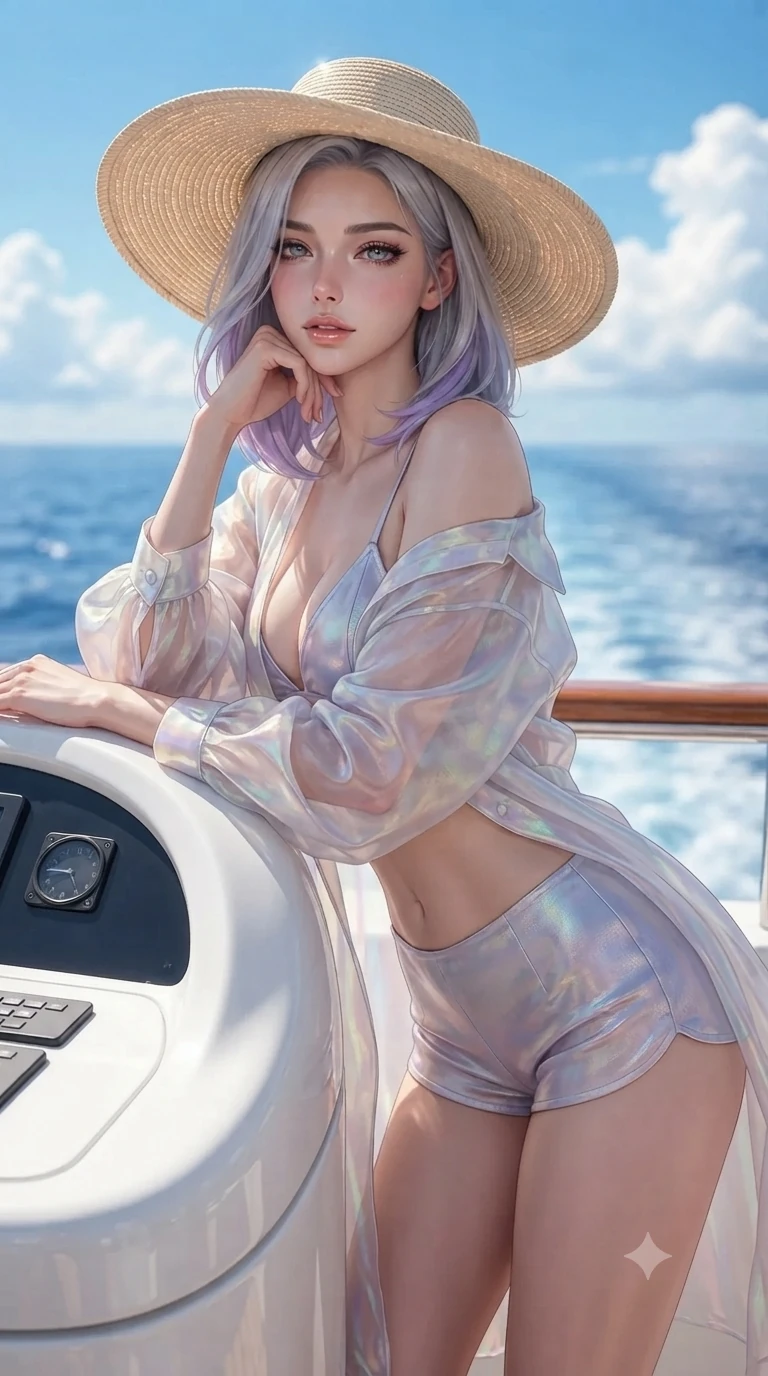 score_9, masterpiece, best quality, ultra-detailed, high-budget anime keyframe, editorial fashion photography, tasteful artistic composition, Caucasian woman. close-up cowboy shot from the waist and thighs up, the character dominates the composition, filling the frame with her large presence. resting one elbow on the yacht railing and supporting her chin, leaning close to the camera with heavy-lidded sparkling eyes and parted lips while twisting her slender torso in an alluring S-curve beside the curved white navigation console, maritime breezes whipping her garments open. The background shows a soft-focus endless 360-degree sapphire Mediterranean horizon, fluffy white trade-wind clouds, and yacht wake trail blurred into azure, diamond white, and cobalt bokeh. She has an exceptionally elegant, slender, and willowy female figure with an ultra-slim waist, flat toned midriff, narrow ribcage, and sculpted feminine hips creating an alluring, slim hourglass silhouette without bulk. sharp v-shaped jawline, high-bridge nose, sparkling eyes with hypnotic seductive depth, thick curled eyelashes, glossy parted lips with a natural dewy peach sheen, alluring bedroom-eyes with an enchanting coquettish smile, exuding magnetic siren charisma and sophisticated glamour, flawlessly proportioned anatomical accuracy, strict slender model proportions, natural body alignment, perfectly sculpted long slender limbs, ultra-slim waistline, clean dynamic posture without body distortion. wearing a translucent iridescent organza beach kimono slipping off bare shoulders over a matching satin micro-bralette and micro-shorts in iridescent mother-of-pearl and dusk lavender, woven from bespoke sun-bleached selvedge linen with rich tactile slub texture, finished with a wide-brimmed woven straw sunhat tipped back to frame her face and long glossy hair, the liquid-tight tailored fabric clinging flawlessly to her narrow waist and rounded feminine hips, emphasizing every millimeter of her sculpted slim hourglass curves without any bulky heaviness. bathed in crisp, high-intensity Mediterranean midday sunlight with brilliant specular glints off polished chrome and dewy skin. ultra-reflective glossy finish, specular highlights, rich textural contrasts, high-contrast stereoscopic depth, volumetric dynamic lighting, 2k, ultra detail, master piece, 9:16 ratio