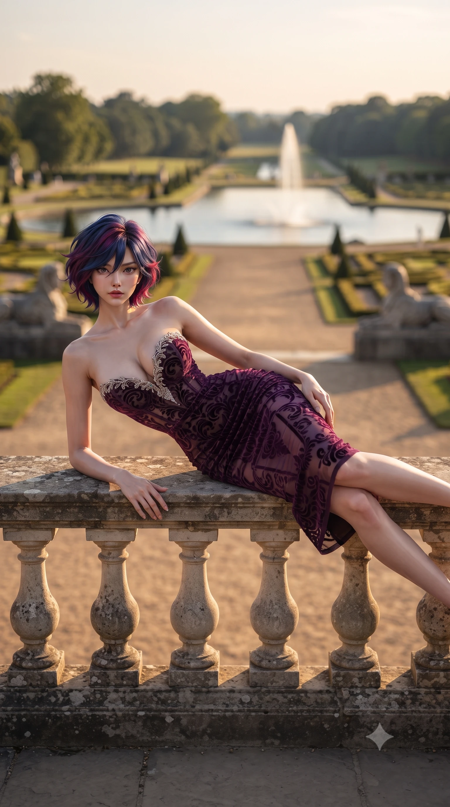 score_9, masterpiece, best quality, ultra-detailed, high-budget anime keyframe, editorial fashion photography, tasteful artistic composition, Korean woman. low angle full-body shot from head to toe showing her feet, filling the entire 9:16 vertical frame with her statuesque presence, stretching her vertical silhouette. reclining on her side in an elegant Cleopatra pose with one knee drawn up, the dramatic contour of her rounded hips and long slender legs commanding the 9:16 vertical frame while reclining languidly on an antique stone balustrade bench, her long slender legs and sculpted waist framed by manicured parterres and the lake. The composition keeps background elements in soft focus with creamy bokeh. fountain water jets, stone sphinxes, and monumental English baroque palace facades blurred into warm honey, slate blue, and golden bokeh. She has an exceptionally tall and slender model-like 8.5-heads proportion, an ultra-slim waist, a flat toned midriff, narrow delicate ribcage, and beautifully sculpted feminine hips creating a graceful, slim hourglass silhouette without any bulky heaviness, with impossibly long slender legs. sharp v-shaped jawline, high-bridge nose, intricate jewel-like eyes with depth, thick eyelashes, glossy parted lips with a natural sheen, intensely captivating and seductive bedroom-eyes expression, flawlessly proportioned anatomical accuracy, strict slender model proportions, natural body alignment, perfectly sculpted long slender limbs, ultra-slim waistline, clean dynamic posture without body distortion. wearing an ultra-fitted strapless bustier midi dress with side hip ruching and exposed spine in deep plum violet and antique bronze, made of sheer contouring power-mesh with velvet flocking patterns, finished with delicate crystal frost embroidery tracing the plunging neckline, the dramatically scooped open back descending to the base of her spine, accentuating her razor-sharp statuesque lines and slim hourglass silhouette. illuminated by crisp directional sunset rays sharply sculpting her razor-sharp jawline, narrow waist, and curvy hips. ultra-reflective glossy finish, specular highlights, rich textural contrasts, high-contrast stereoscopic depth, volumetric dynamic lighting, 2k, ultra detail, master piece, 9:16 ratio